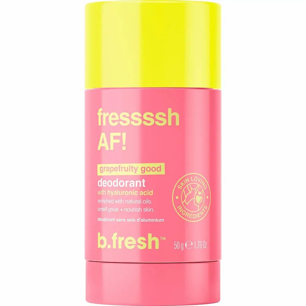 Zylindrisches Deodorant mit gelbem Deckel. Rosa Behälter mit Aufschrift "fresssssh AF!". Text: "grapefruity good deodorant". Logo: "b.fresh".