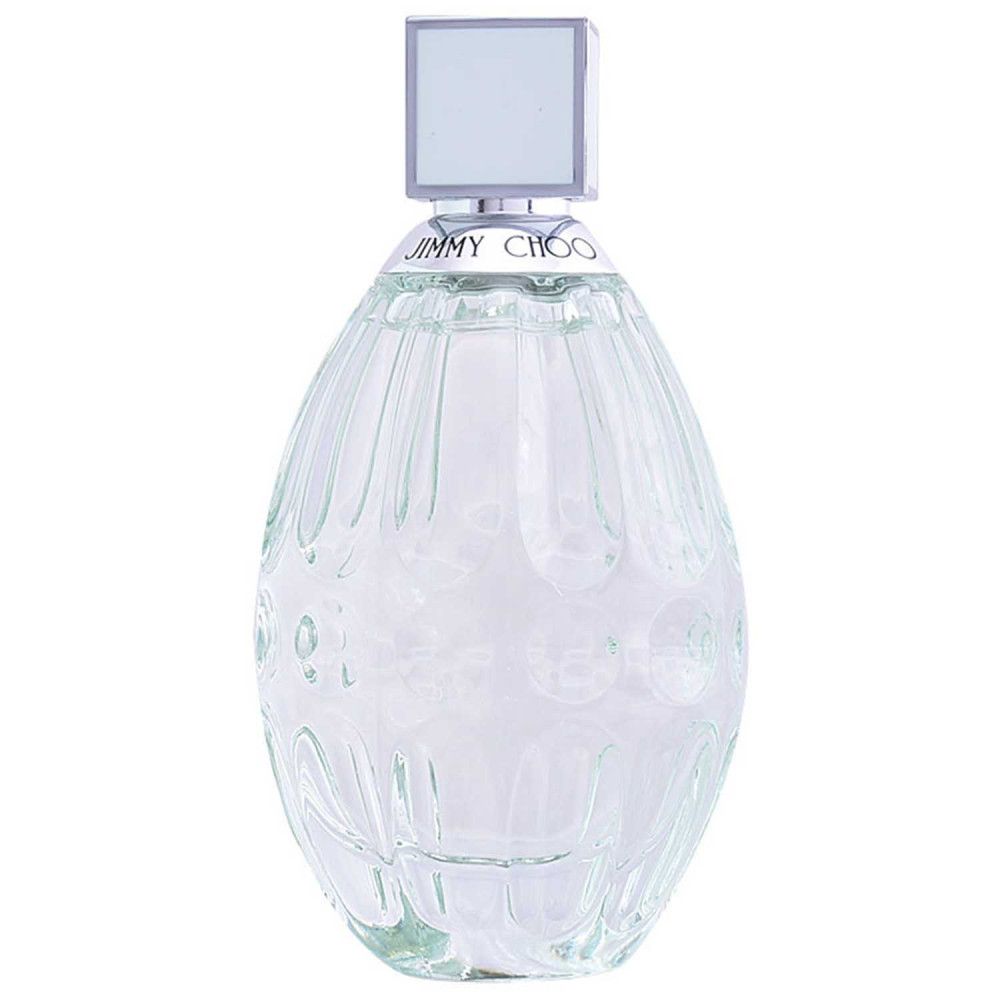 Jimmy Choo Floral Eau de Toilette Flakon. Geriffelter Flakon mit hellgrünem Verschluss. Klarer Flakon.
