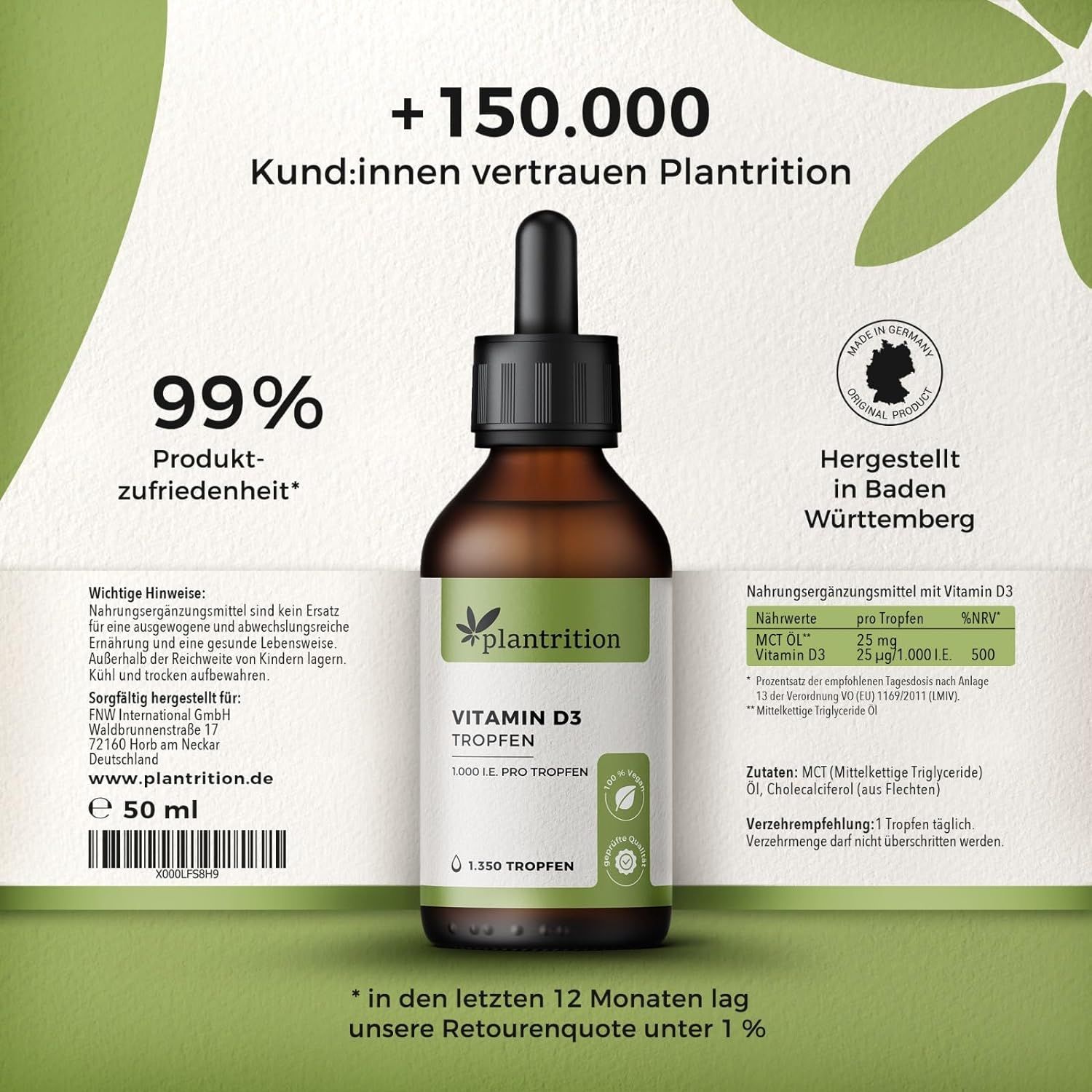 plantrition Vitamin D3 Tropfen Vegan 1000IE pro Tropfen