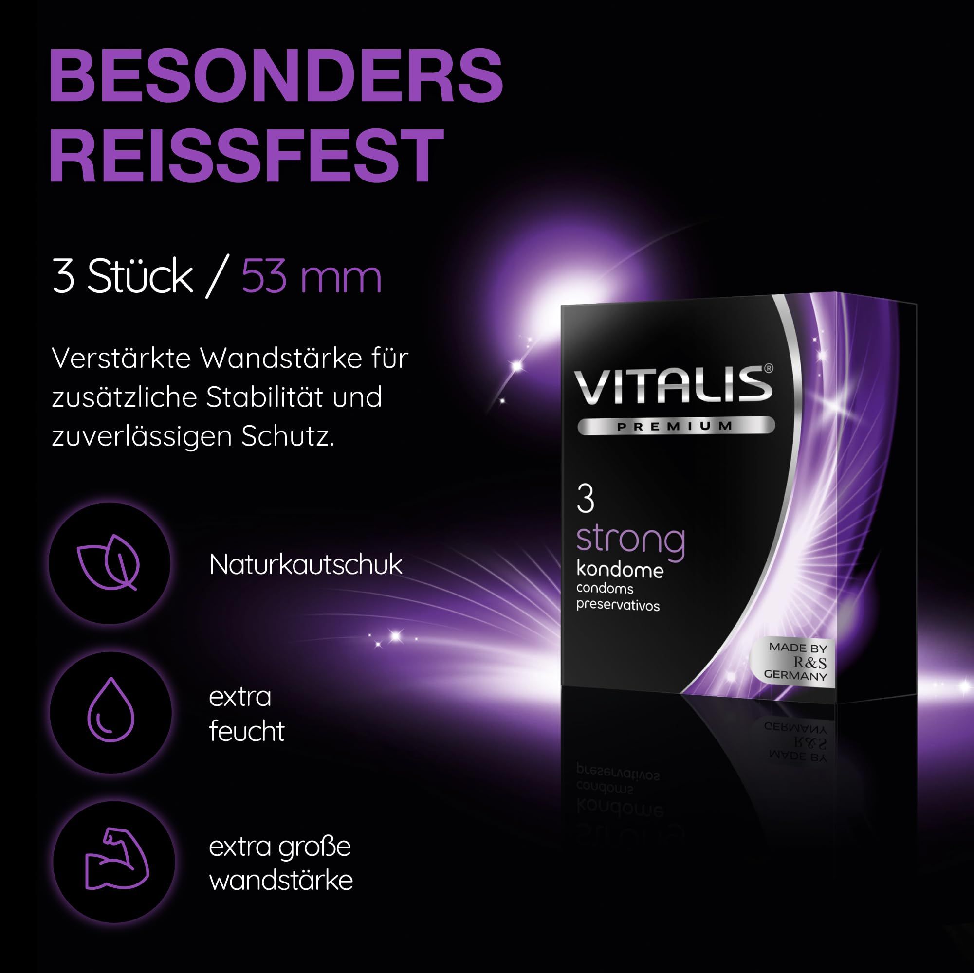 Vitalis Premium Strong Kondome: 3 Stück, 53 mm. Reißfest, Naturkautschuk, extra feucht.
