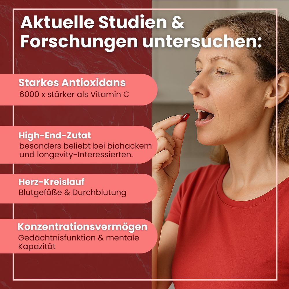 Frau nimmt Kapsel ein. Text: Starkes Antioxidans, High-End-Zutat, Herz-Kreislauf, Konzentrationsvermögen. Produktname nicht sichtbar.