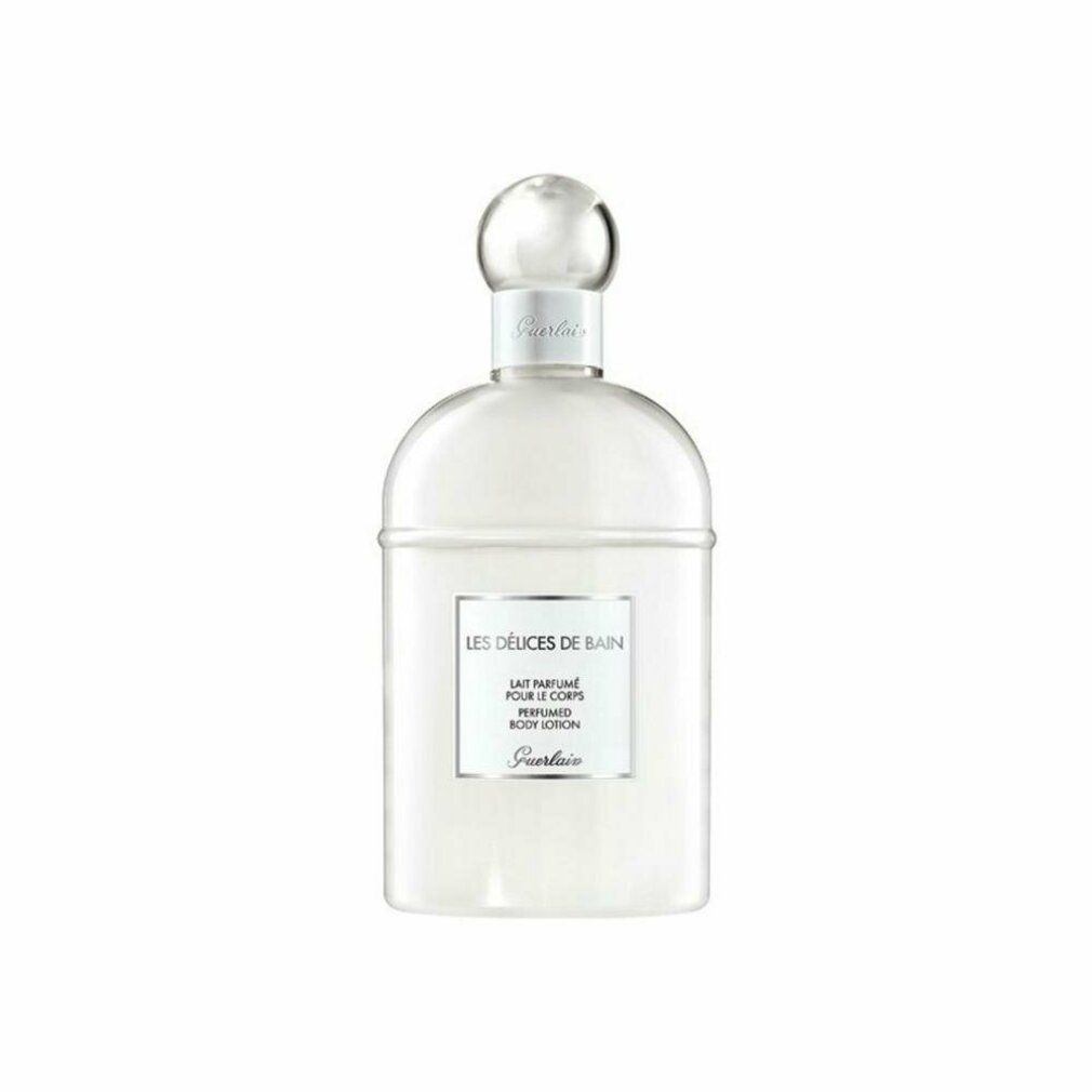 Weiße Flasche mit transparentem Verschluss. Aufschrift: Les Delices de Bain, Lait parfumé pour le corps, Body Lotion. Marke: Guerlain.