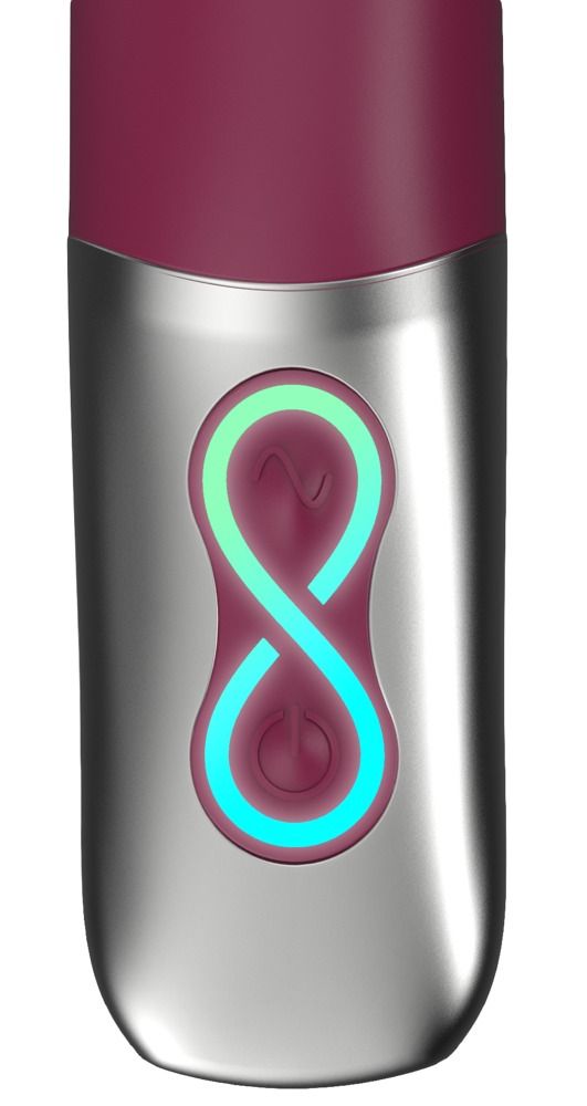 Silberfarbener Vibrator-Kopf mit bordeauxfarbenem Körper. Beleuchtetes Unendlichkeitszeichen und Bedienknöpfe.