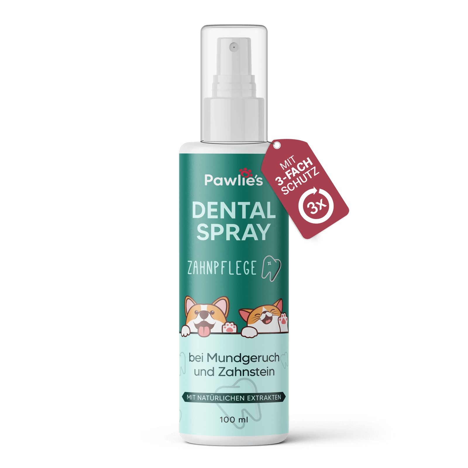 Zahnpflegespray mit Sprühkopf. Aufschrift: Dental Spray, Zahnpflege. Anhänger: 3-fach Schutz. 100 ml.