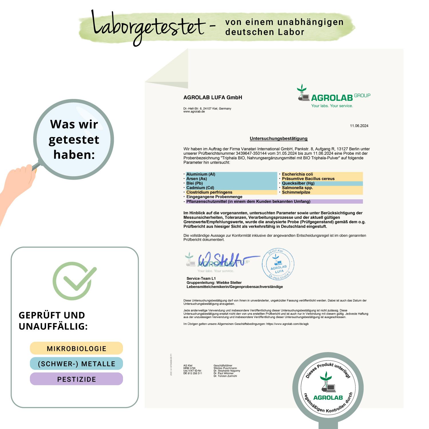 Zertifikat von Agrolab. Geprüft und unauffällig. Mikrobiologie, Schwermetalle, Pestizide. Vegavaro Triphala BIO.