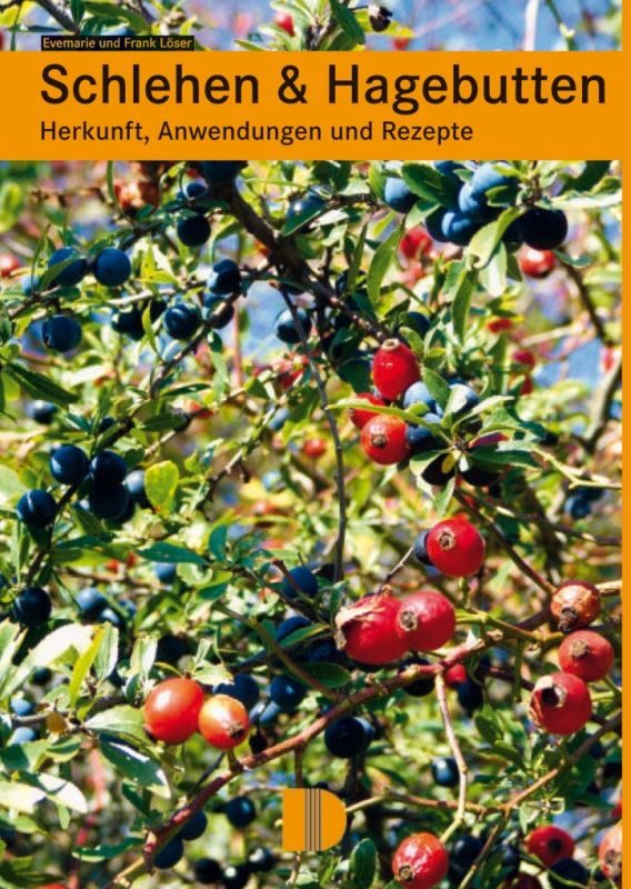 Buchcover mit Titel "Schlehen & Hagebutten". Auf orangefarbenem Hintergrund Text und Abbildung von Zweigen mit Früchten.