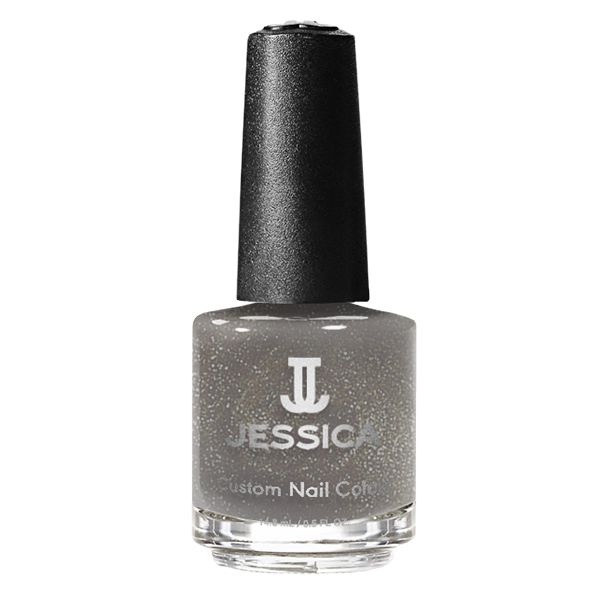 Grauer Nagellackflakon mit schwarzem Deckel. Aufschrift: JESSICA Custom Nail Colour.