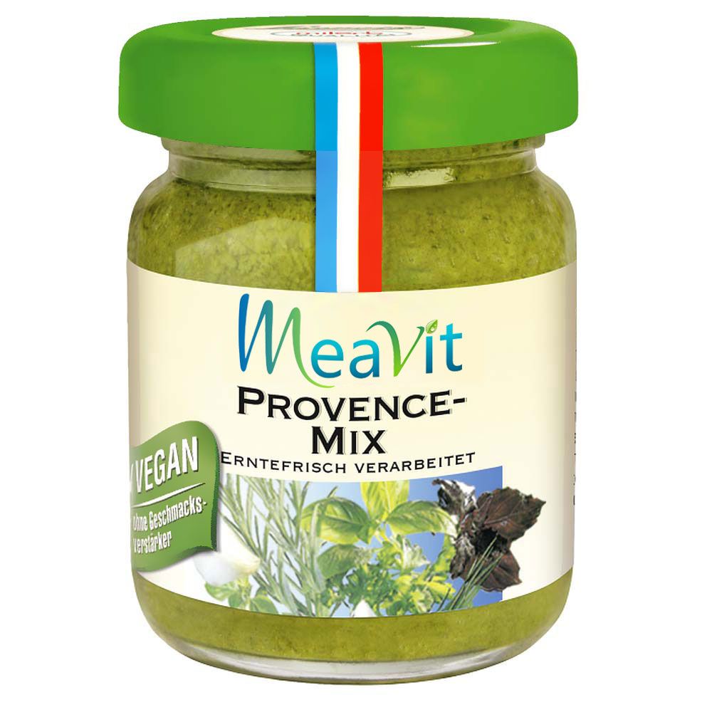Glas mit grünem Inhalt und grünem Deckel. Auf dem Etikett steht "MeaVit Provence-Mix". Vegan-Siegel.