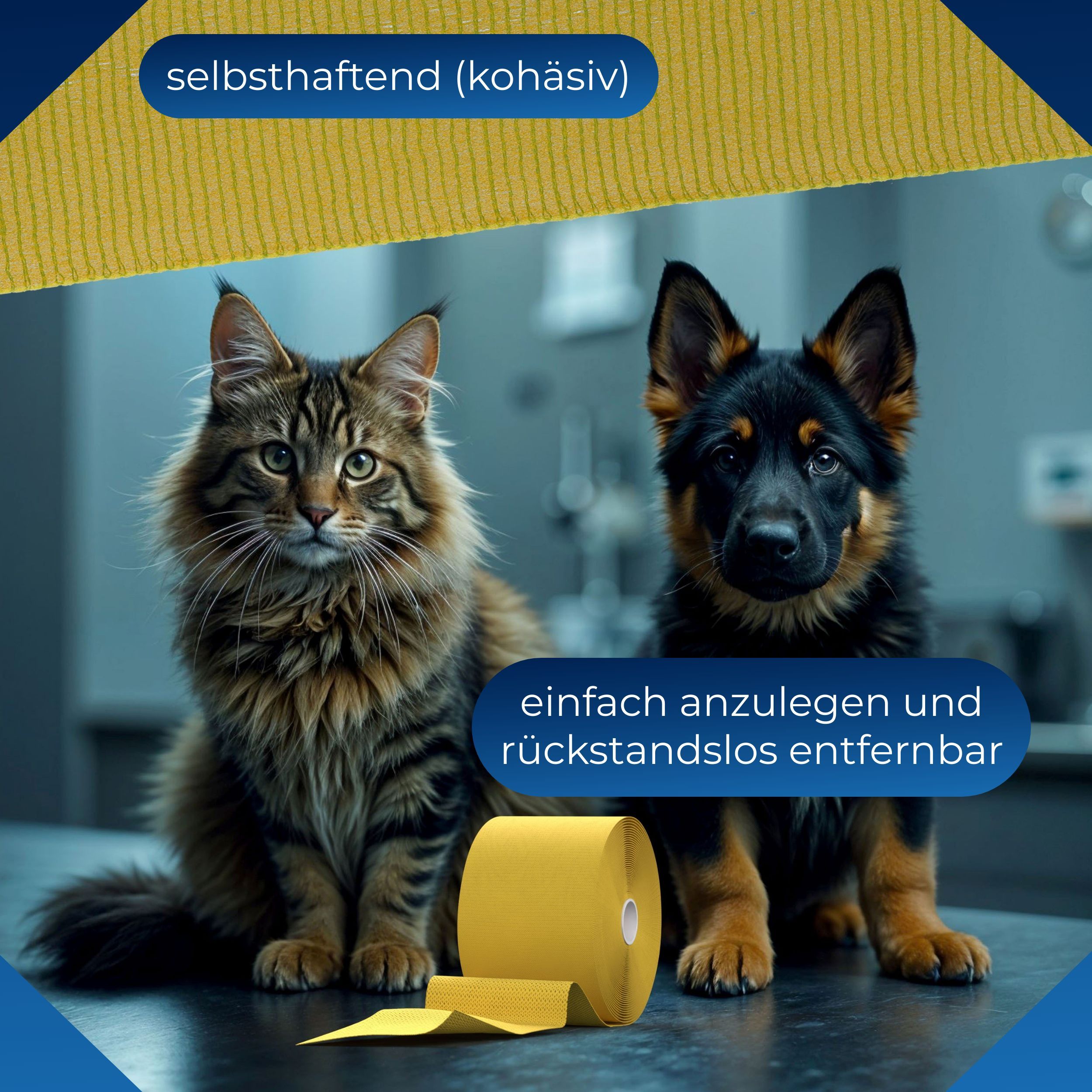 Gelbe, kohäsive Fixierbinde, teilweise abgerollt. Katze und Hund. Text: Selbsthaftend (kohäsiv). Einfach anzulegen und rückstandslos entfernbar.