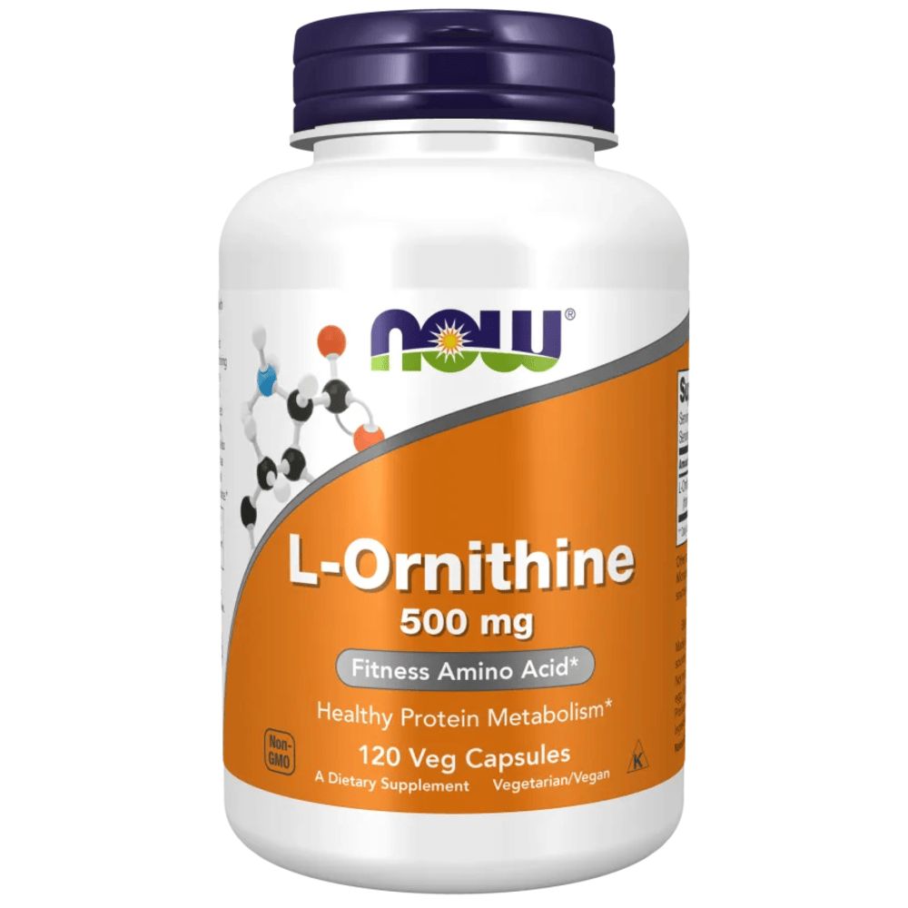 Flacone bianco con tappo blu. Scritta: L-Ornithine, 500 mg, Fitness Amino Acid, 120 Veg Capsules. Marchio: NOW.