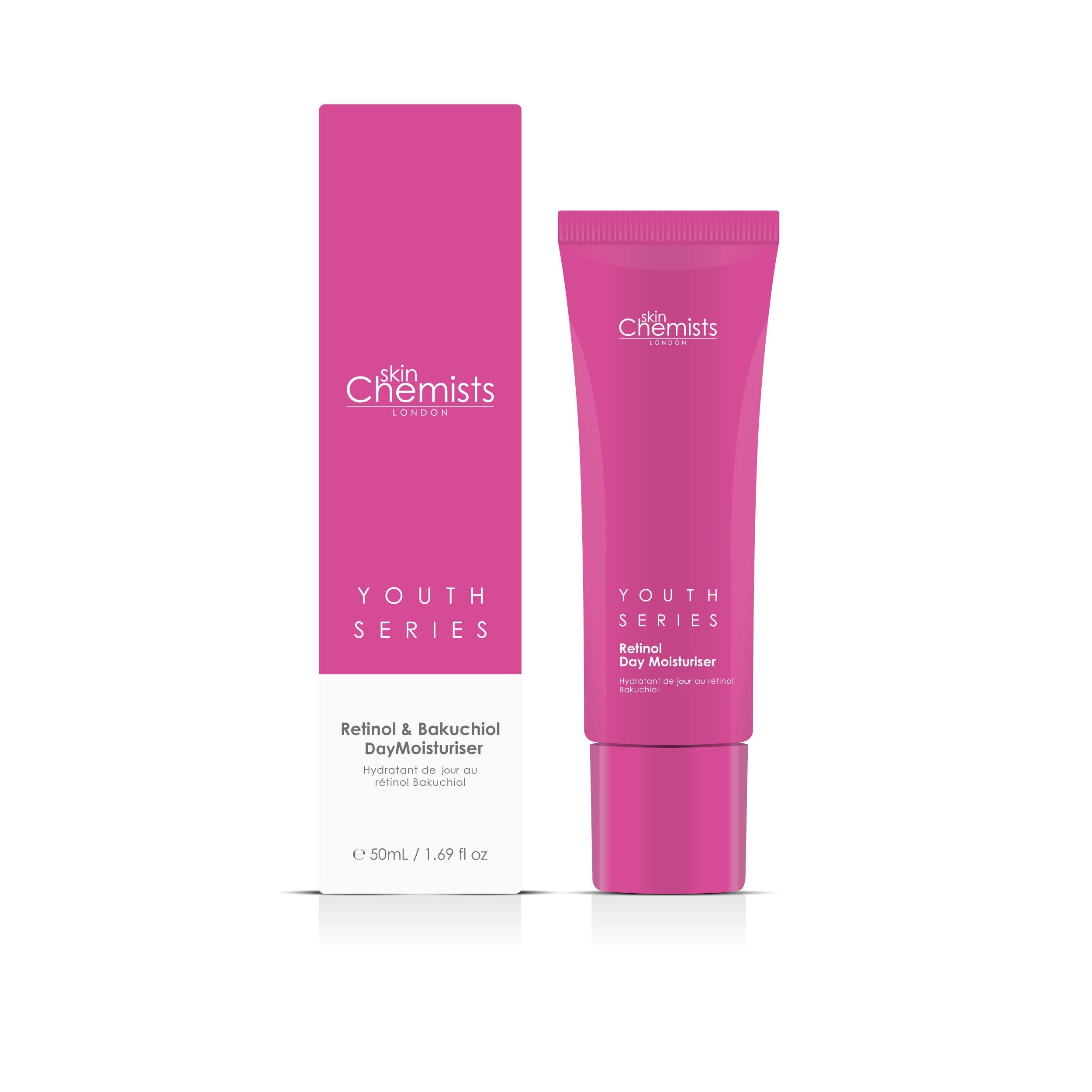 Rosa Tube und Schachtel mit weißem Schriftzug. Aufschrift: Youth Series, Retinol Day Moisturiser. Marke: skinChemists.