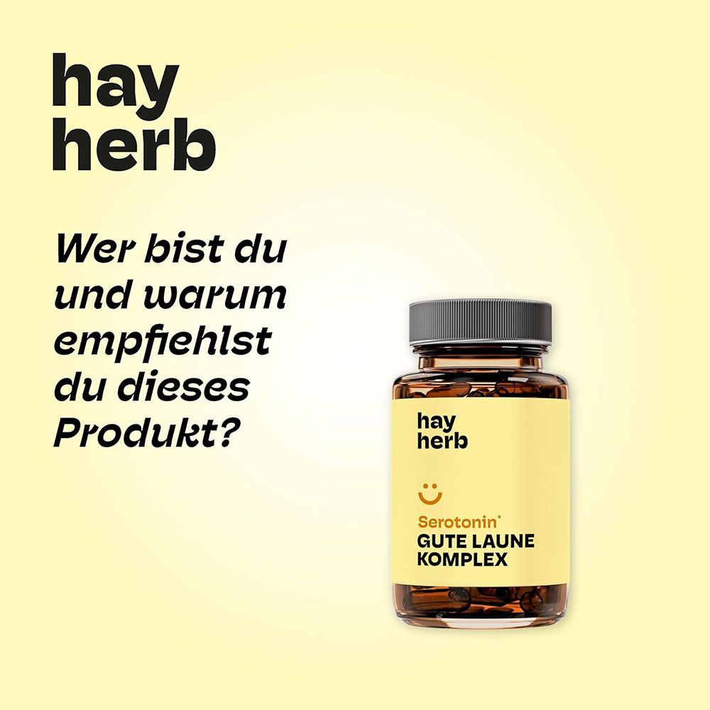 Gelber Hintergrund mit "hay herb" Logo und Text. Flasche "Serotonin Gute Laune Komplex" neben Text: "Wer bist du und warum empfiehlst du dieses Produkt?"