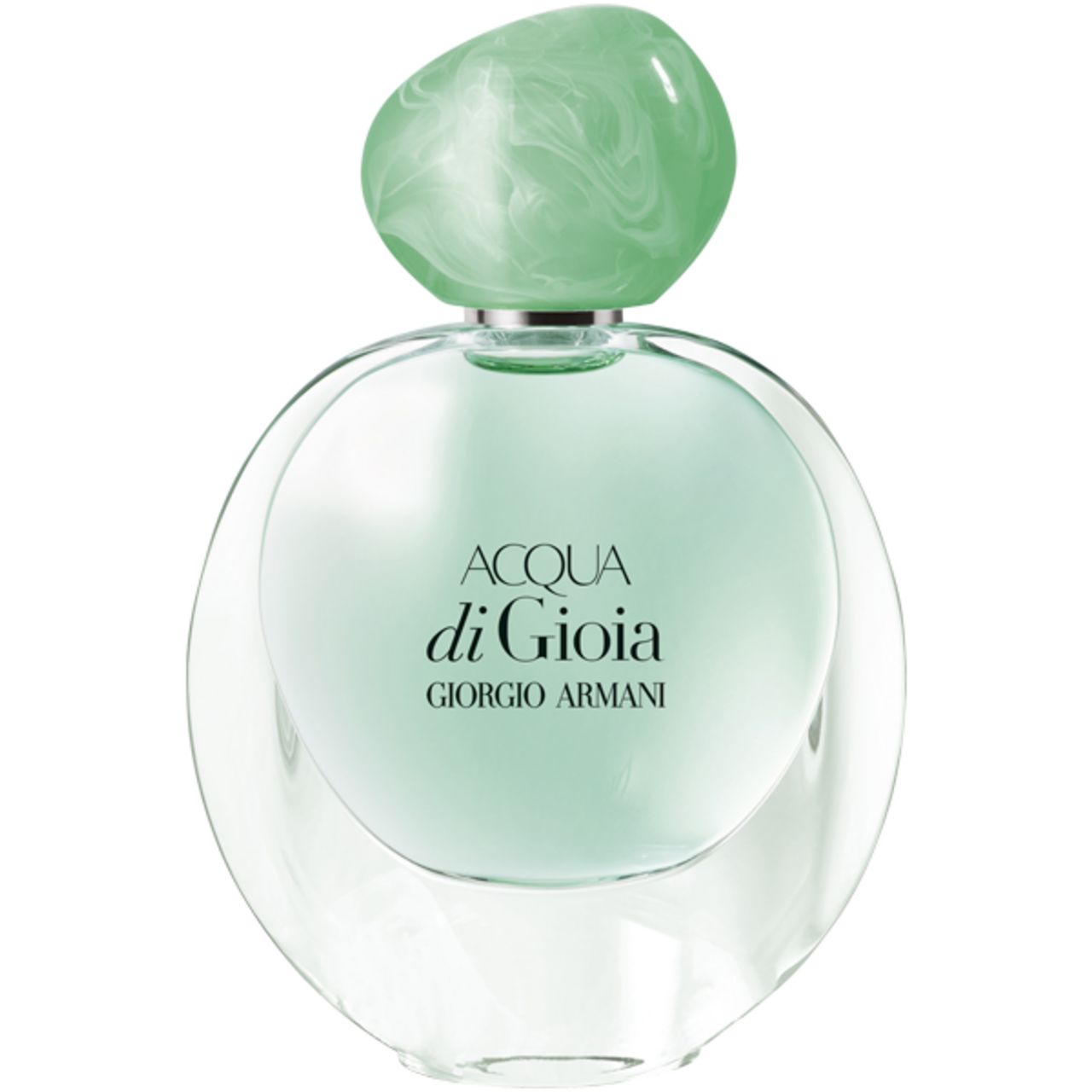 Runder Glasflakon mit grünem Verschluss. Aufschrift: Acqua di Gioia, Giorgio Armani.