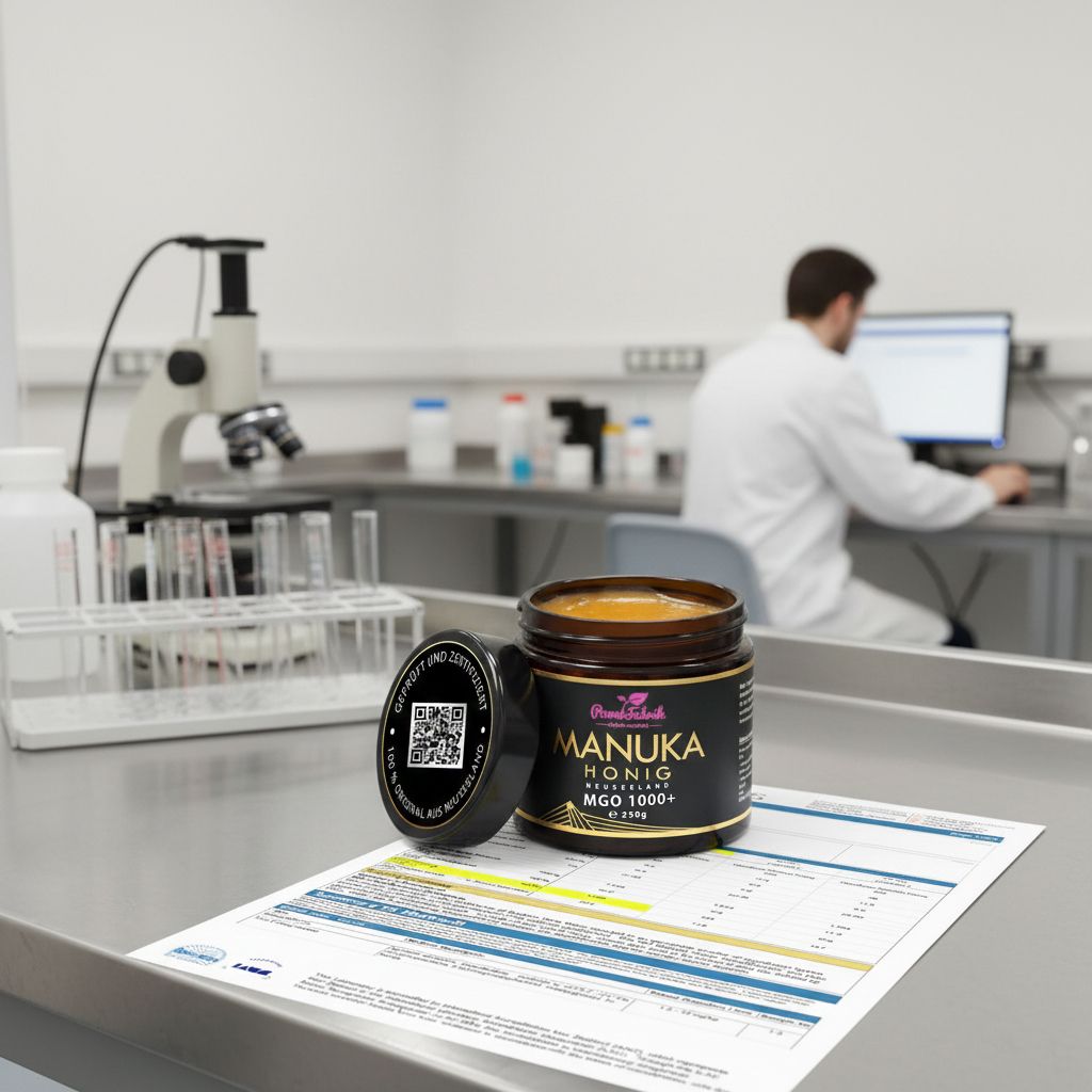 Glas Manuka Honig mit offenem Deckel auf einem Tisch in einem Labor. Im Hintergrund ein Mikroskop.