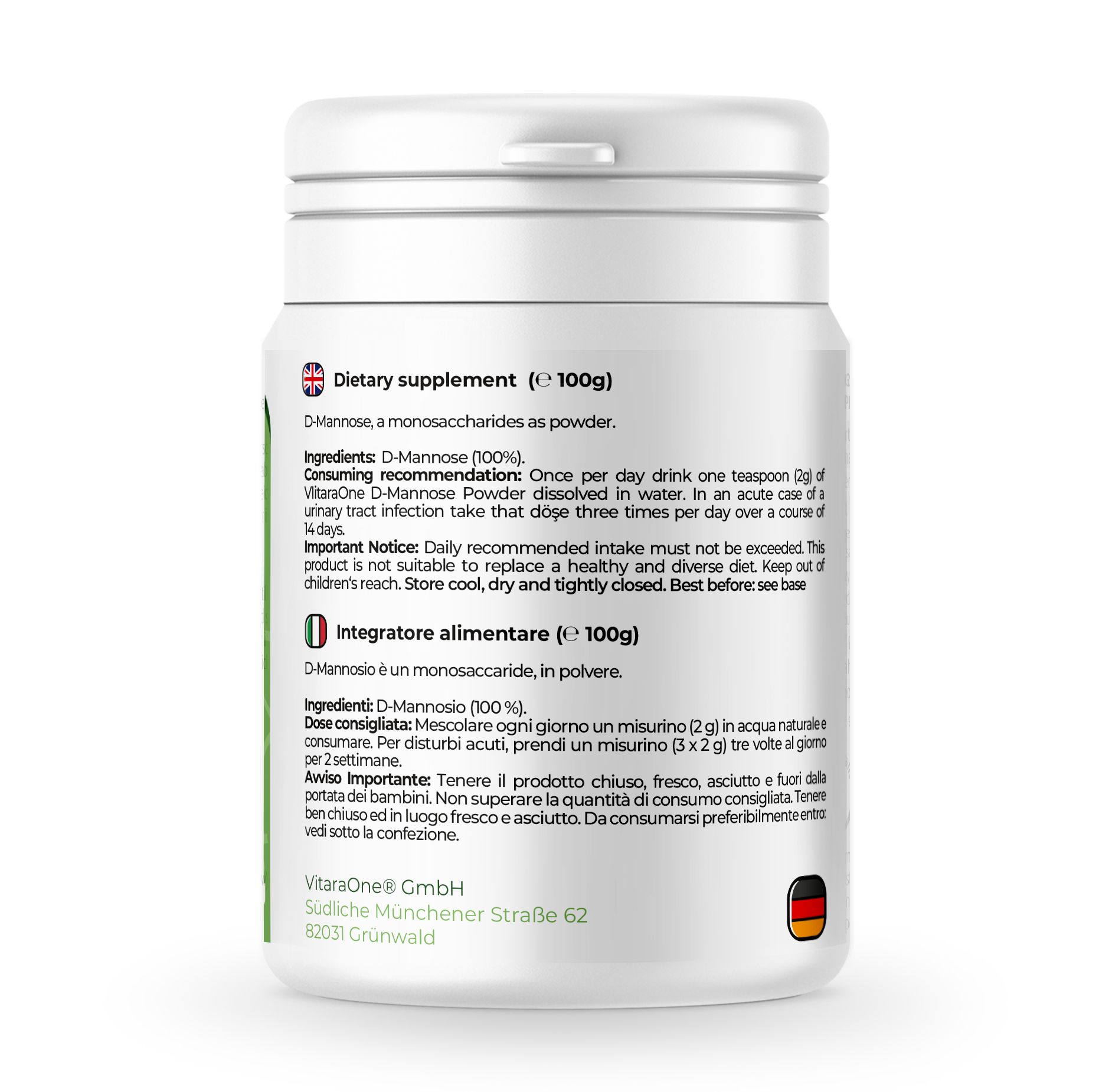 Rückseite des weißen Behälters. Text: Nahrungsergänzungsmittel, D-Mannose, 100g, vegan. Enthält Nährwertangaben und Verzehrempfehlung.