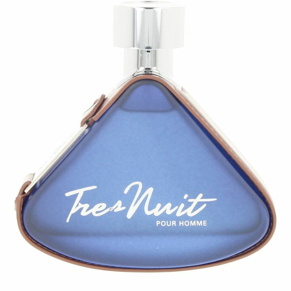 Dreieckige blaue Parfümflasche mit brauner Lederumrandung und silbernem Verschluss. Aufschrift 'Tres Nuit Pour Homme'.