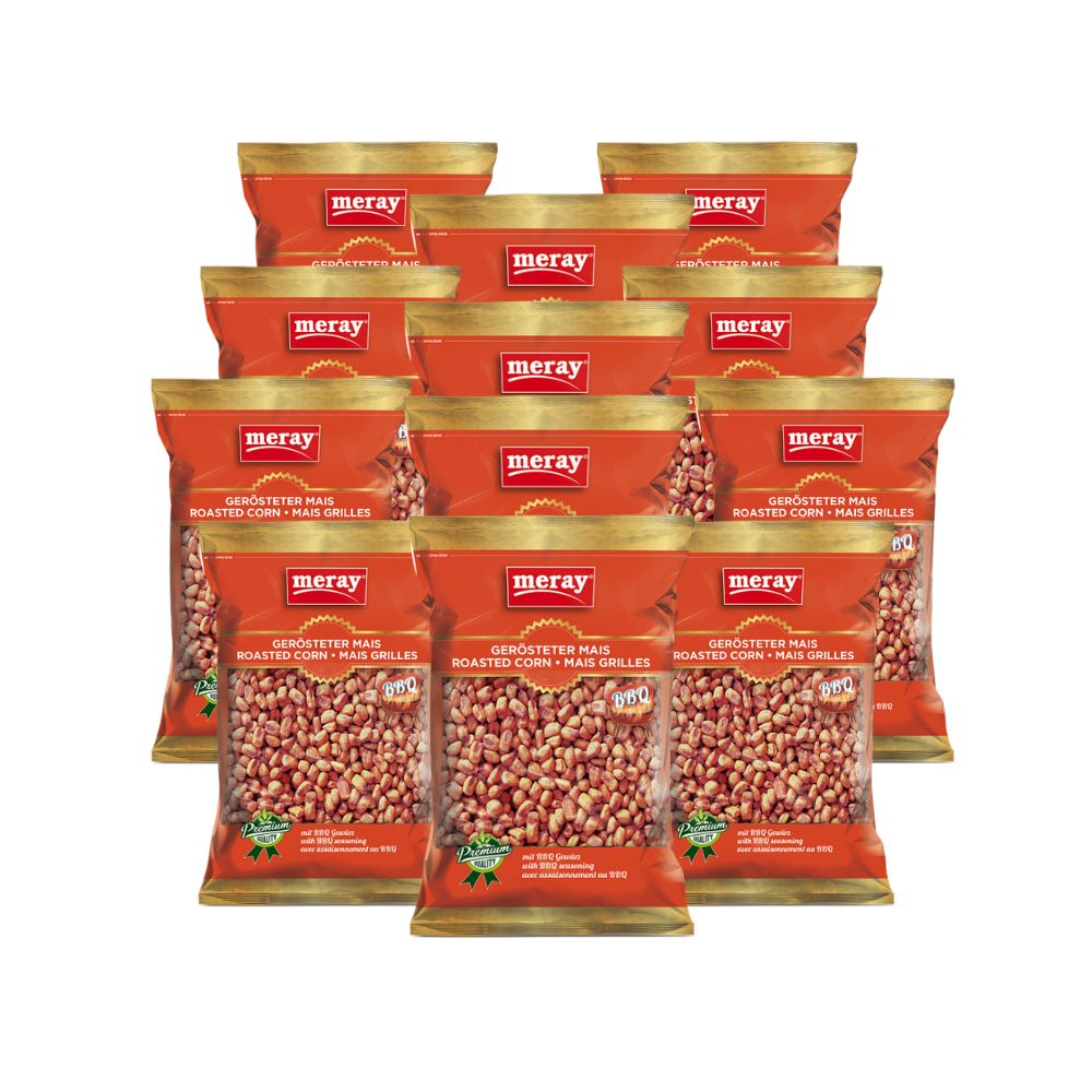 Mehrere Beutel mit geröstetem Mais. Die Verpackung zeigt das Logo "meray" und Text in Deutsch und Französisch.
