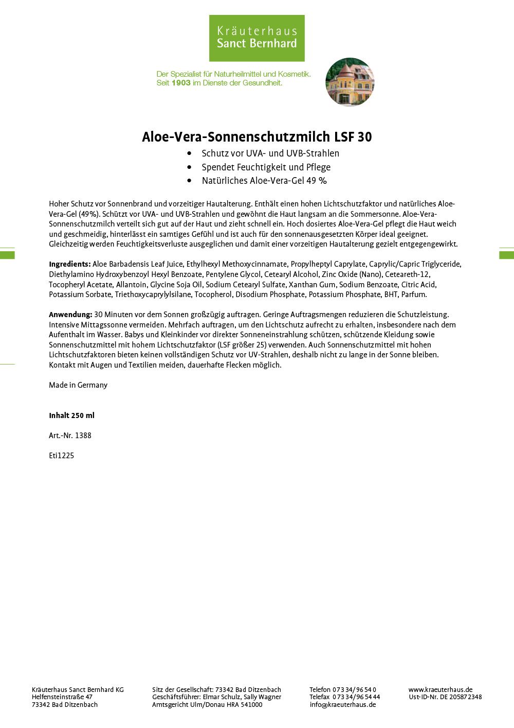 Sanct Bernhard Aloe-Vera-Sonnenschutzmilch LSF 30