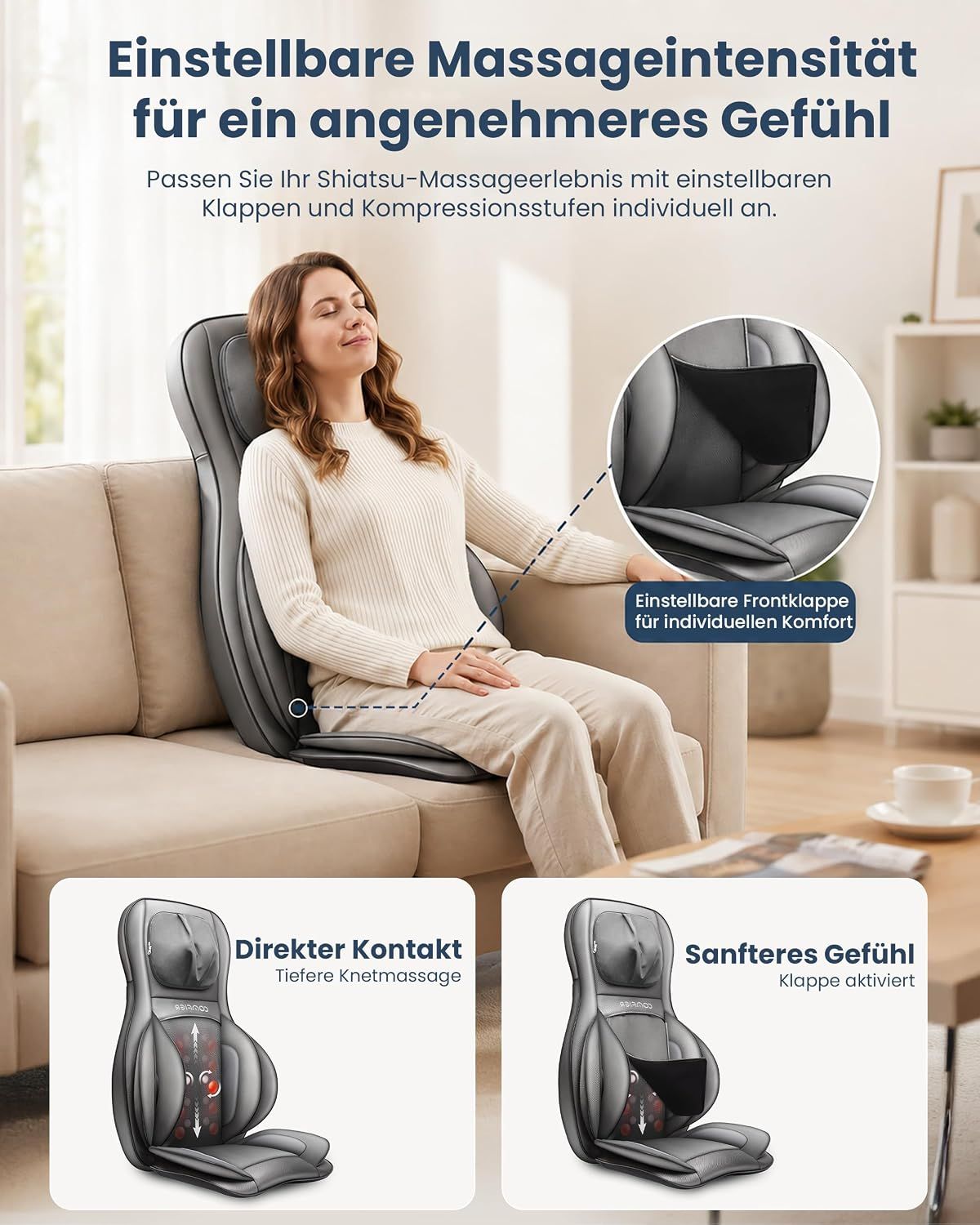 Graue Massage-Sitzauflage mit einstellbarer Intensität.