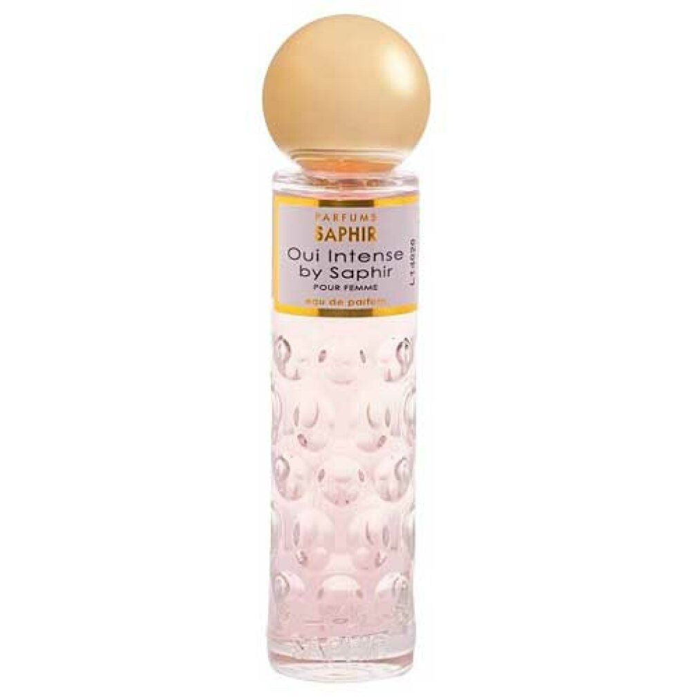 Zylindrische Flasche mit goldfarbenem Verschluss. Aufschrift: Oui Intense by Saphir. Für Femme.