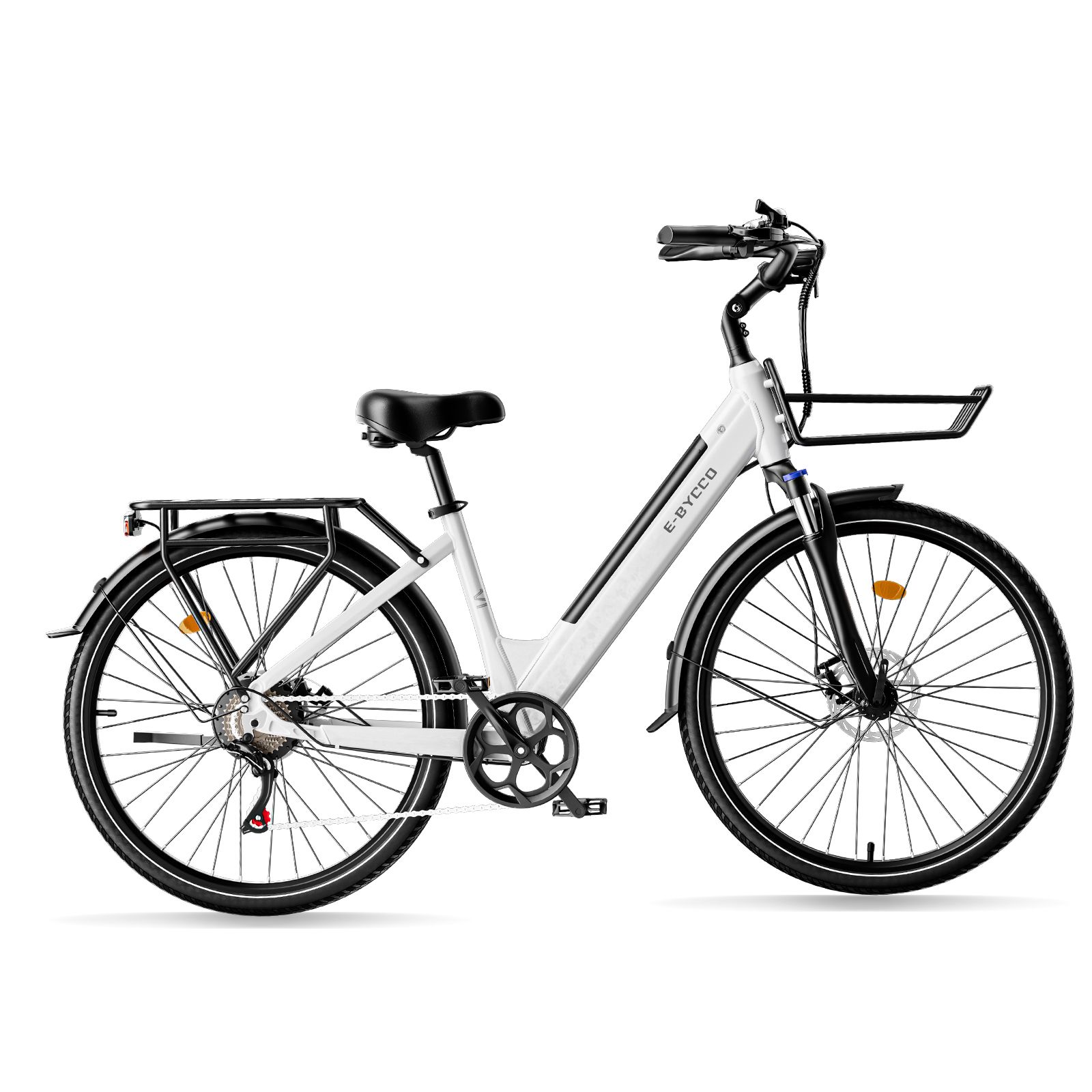 Weißes E-Bike mit Korb. Schwarze Reifen und Details. E·Bycco Logo am Rahmen. Seitenansicht.