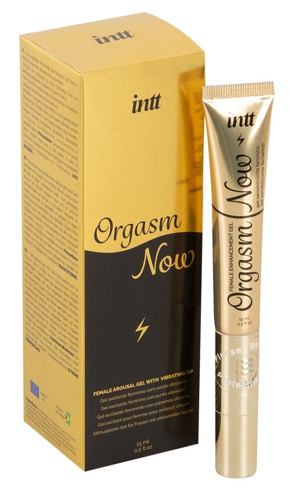 Goldene Verpackung und Tube. Aufschrift: intt, Orgasm Now. Tube mit Vibrationsspitze.