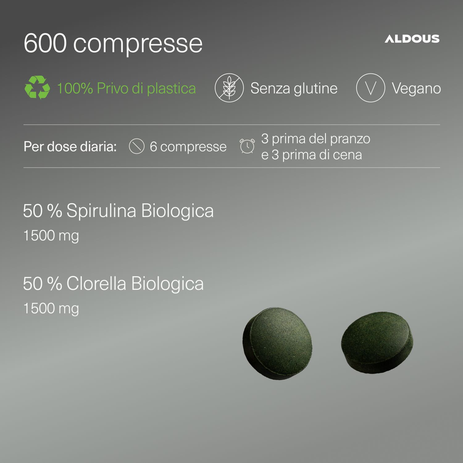 Zwei grüne Tabletten neben Text über Aldous Bio Spirulina & Chlorella, 600 Tabletten.