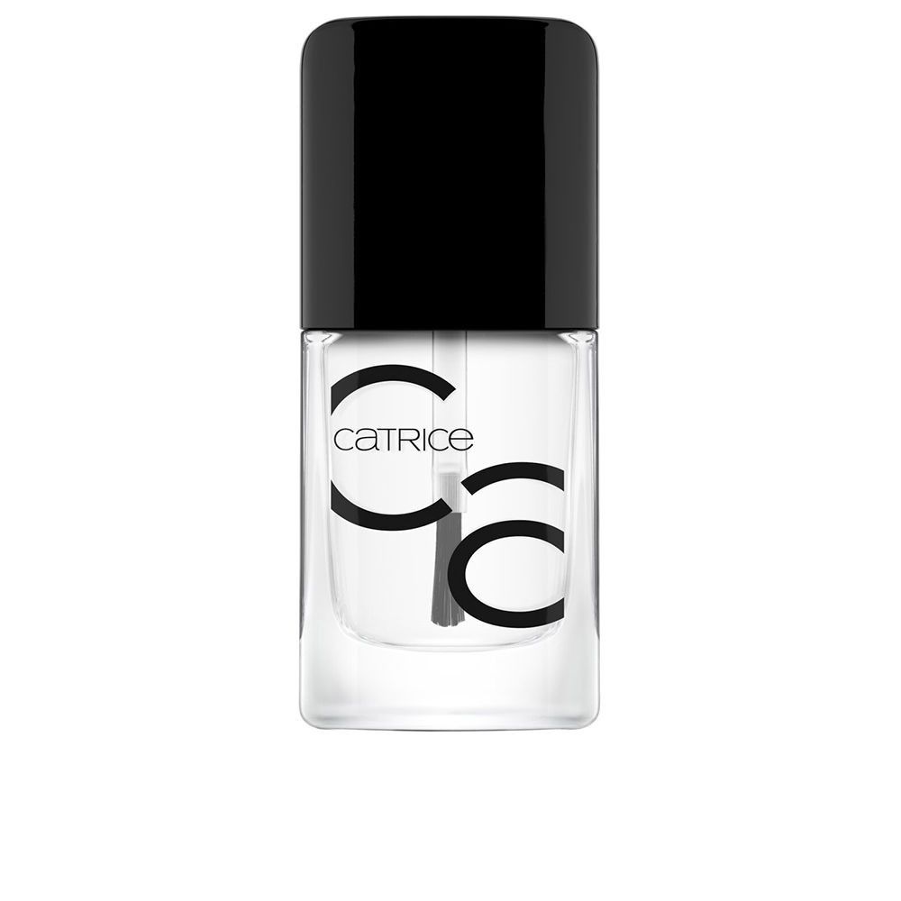 Klare Nagellackflasche mit schwarzem Deckel. Aufschrift: Catrice. Pinsel sichtbar.