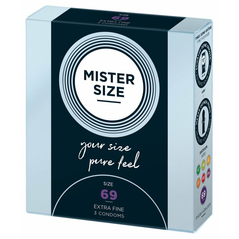 Verpackung von Mister Size 69 Extra Fine Kondomen. Weiß-schwarzes Design mit Logo und Produktinformationen. 3 Kondome pro Packung.