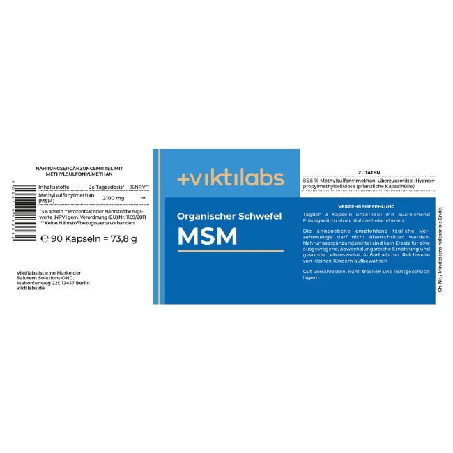 Etikett mit Produktinformationen. Aufschrift: Viktilabs, Organischer Schwefel MSM. Inhaltsstoffe, Dosierung, Nährwertangaben.