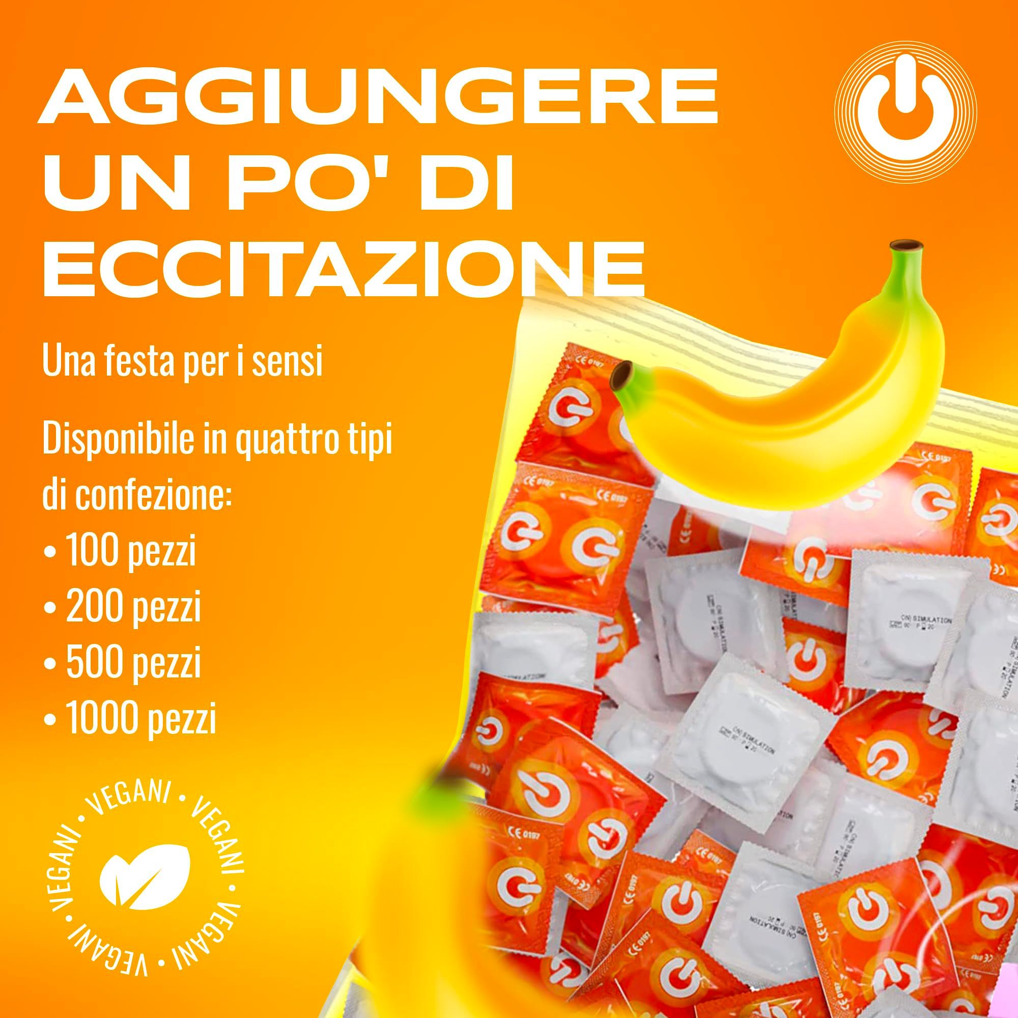 Verpackungen mit 100, 200, 500 und 1000 gelben Kondomen mit Bananenaroma.