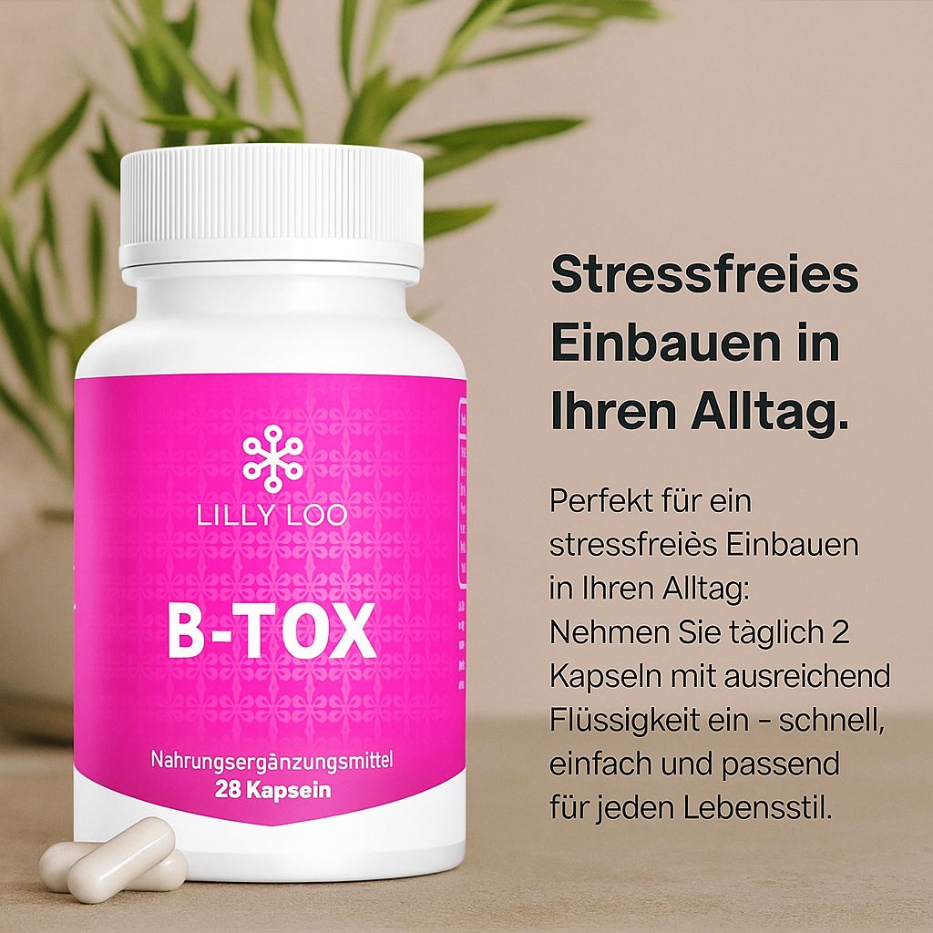 Weiße Flasche mit pinkfarbenem Etikett. Aufschrift: Lilly Loo, B-TOX, Nahrungsergänzungsmittel, 28 Kapseln. Zwei Kapseln daneben.
