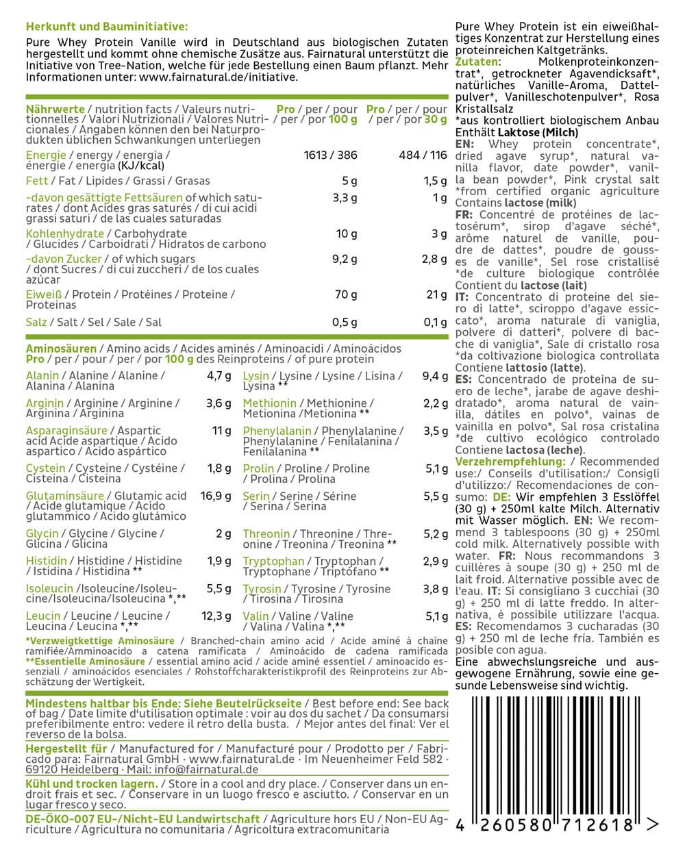 Nährwertangaben FAIRNATURAL Bio Whey Protein Vanille, 600g.