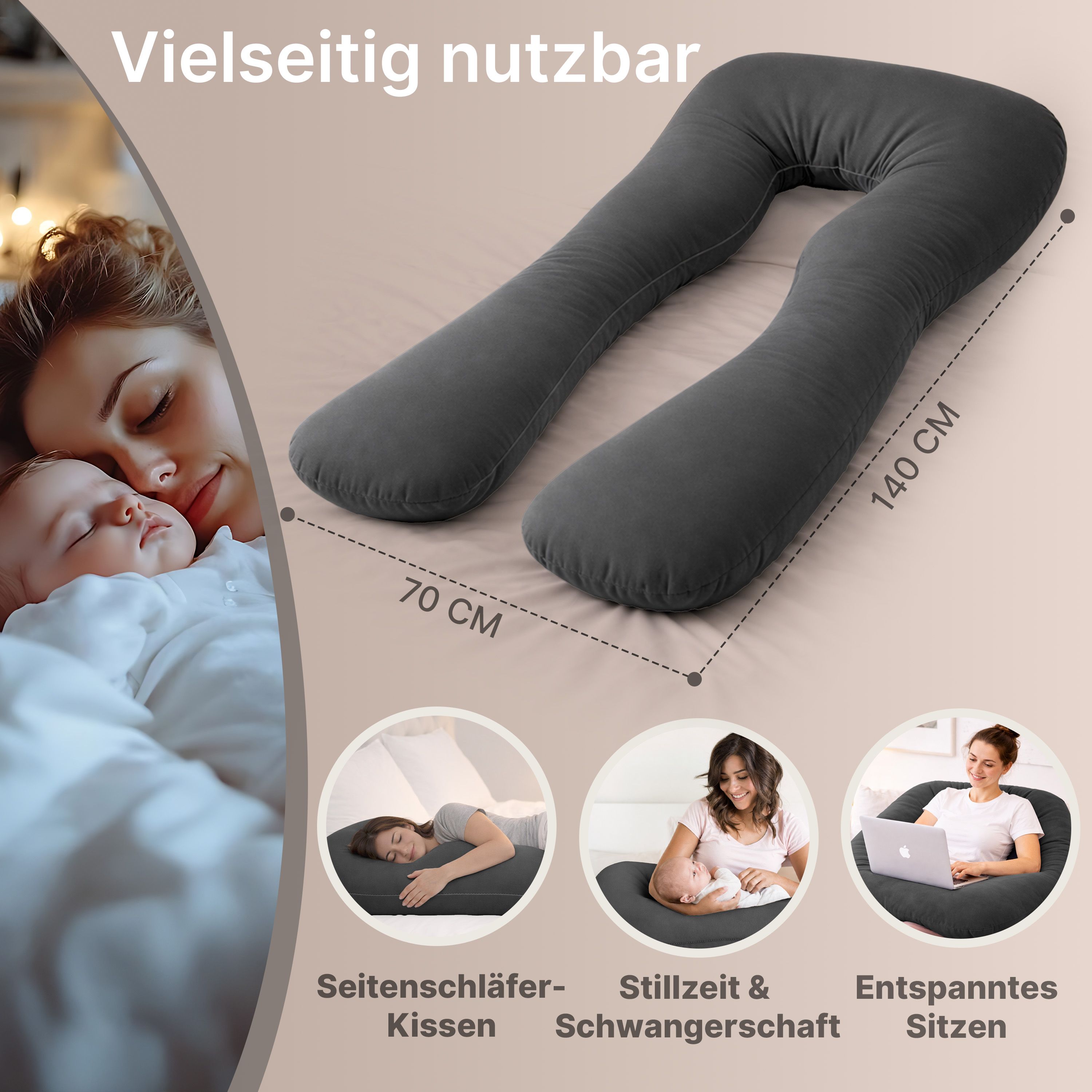 Multifunktions-Körperkissen mit Schlafmaske, Anthrazit