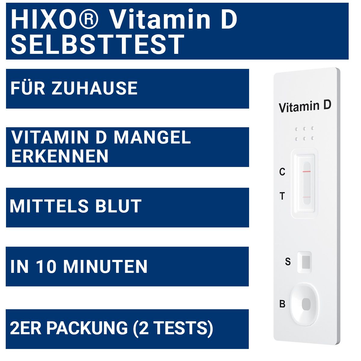 Weißes Testgerät mit Anzeige für Vitamin D. Text: 'Vitamin D Selbsttest', '2er Packung'. Blaue Infotafel mit Texten.