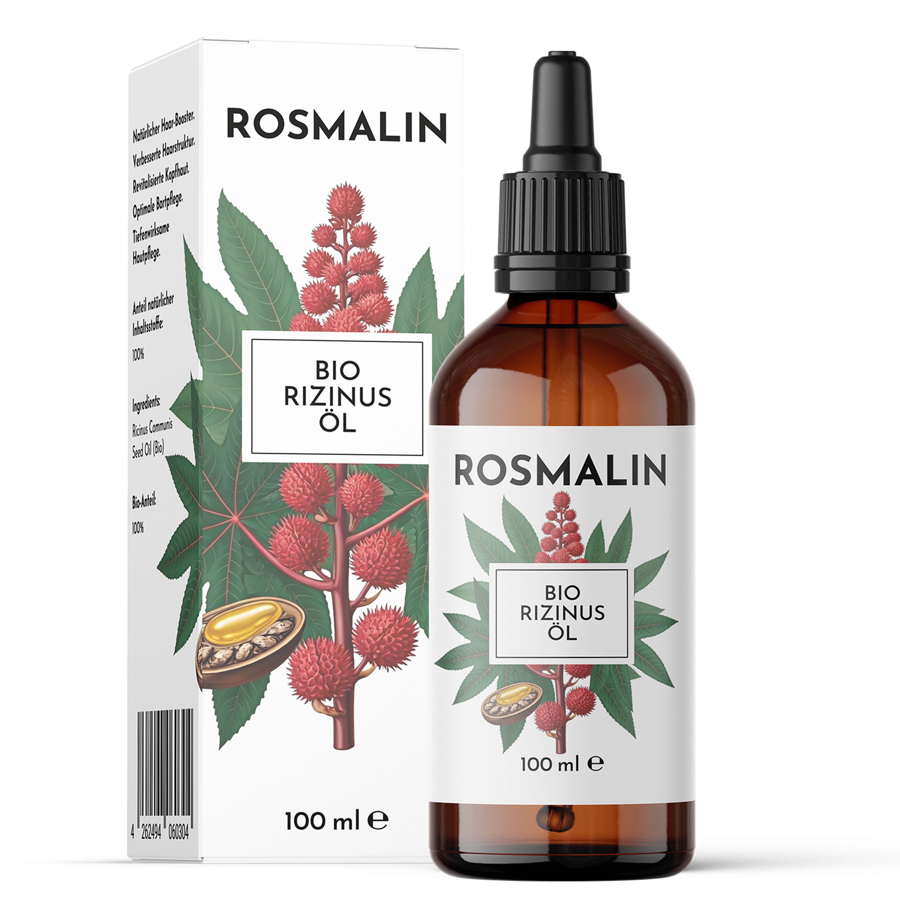 Produktflasche mit Verpackung. Flasche mit Tropfer, Etikett: ROSMALIN BIO RIZINUS ÖL. Text: 100 ml.