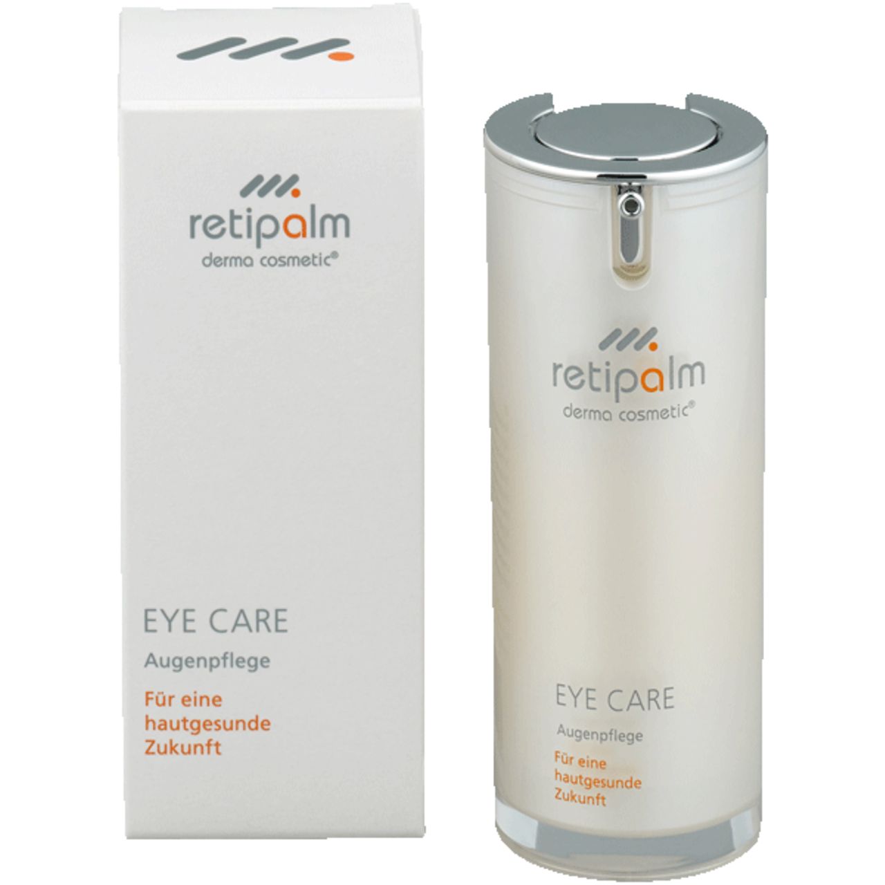 Produktflasche und Verpackung. Flasche: zylindrisch, silberner Deckel. Verpackung: weiß, Aufschrift Retipalm, Eye Care. 