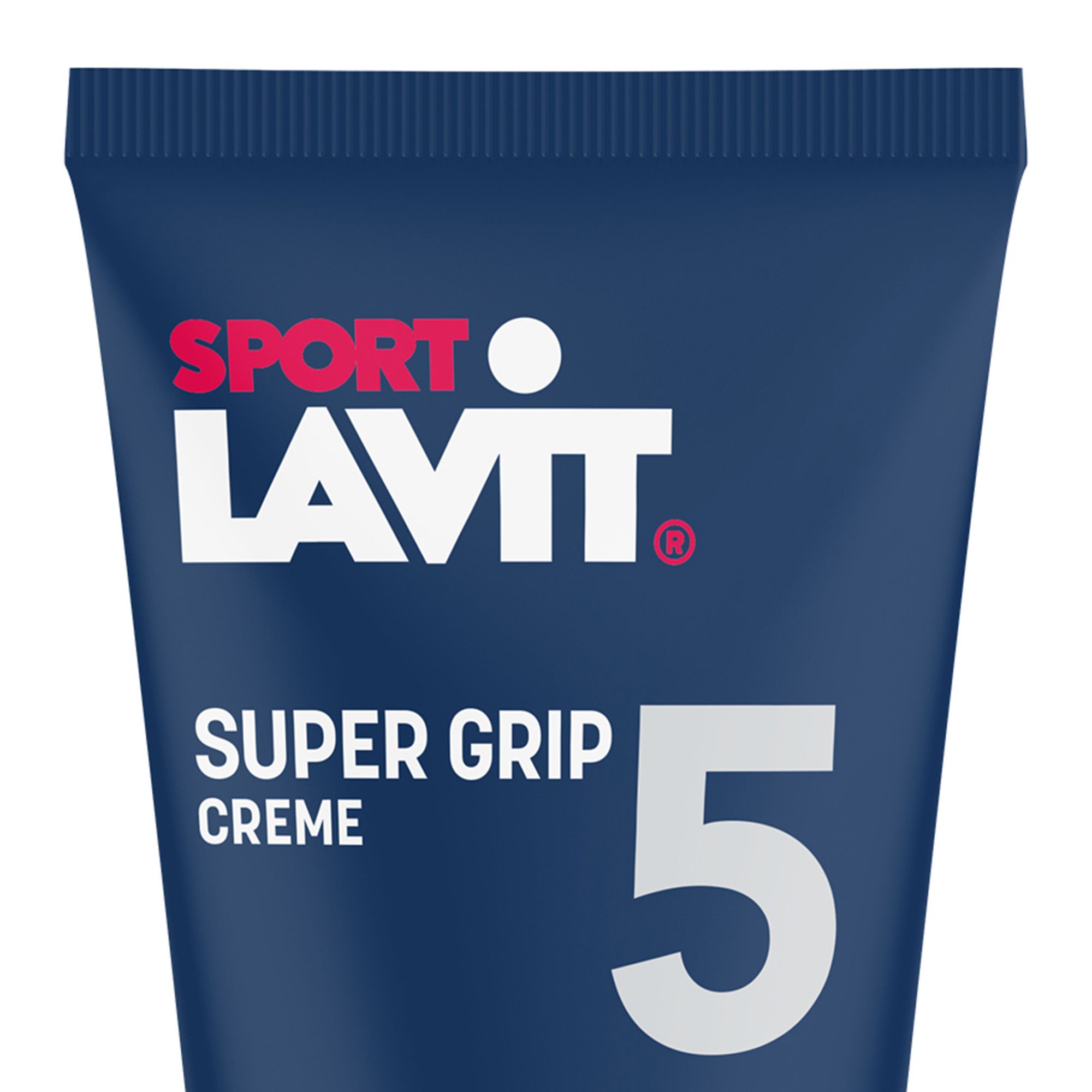 Nahaufnahme der Tube Sport Lavit Super Grip Creme. Blaue Tube mit weißer Schrift. Aufschrift: Super Grip Creme 5.