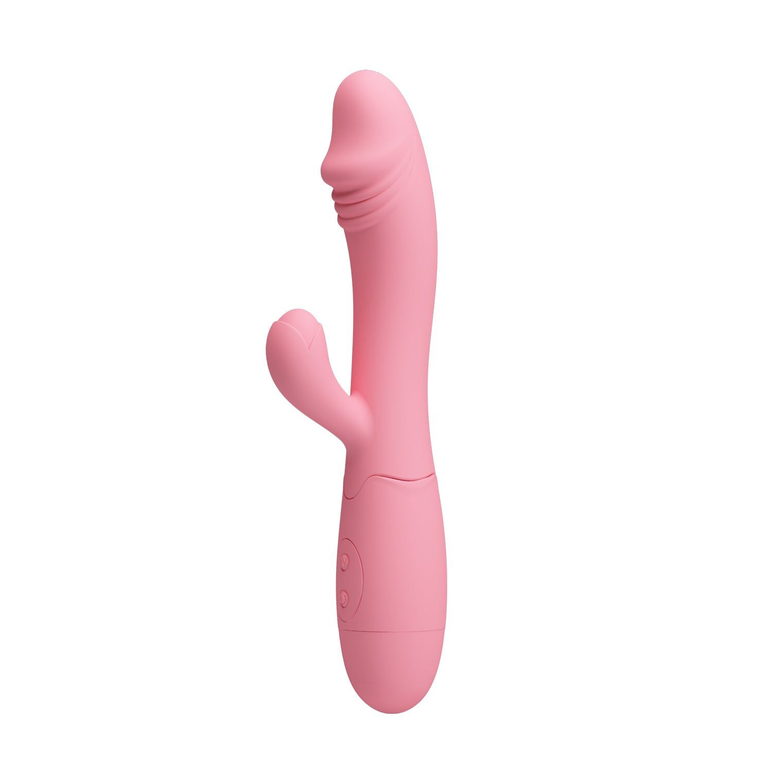 Rosa Vibrator mit gebogener Form. Zwei Knöpfe am Griff. Silikon-Material.