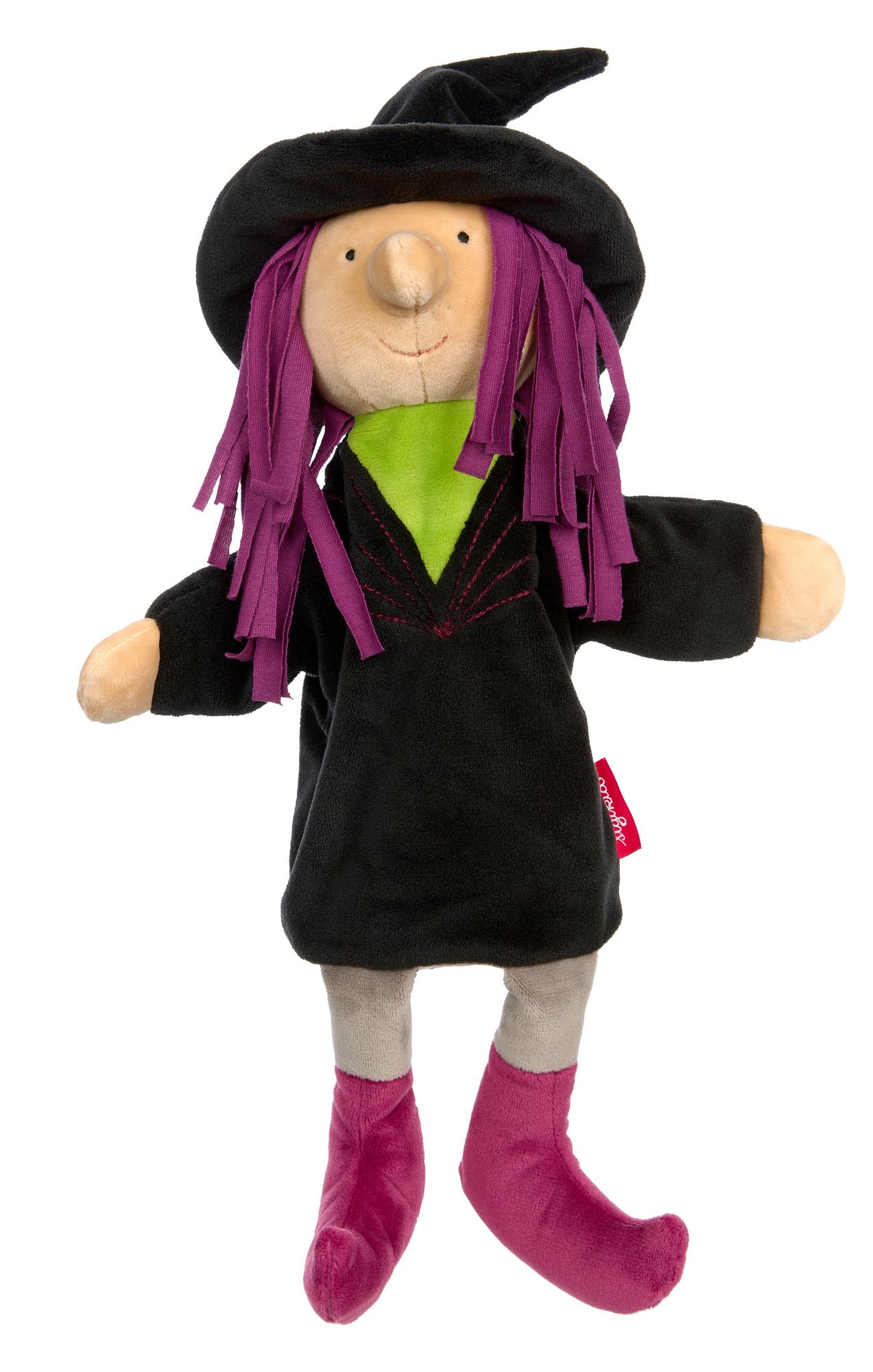 Handpuppe Hexe mit schwarzem Hut, Kleid und lila Haaren. Gesicht mit Nase und Augen. Marke sigikid.