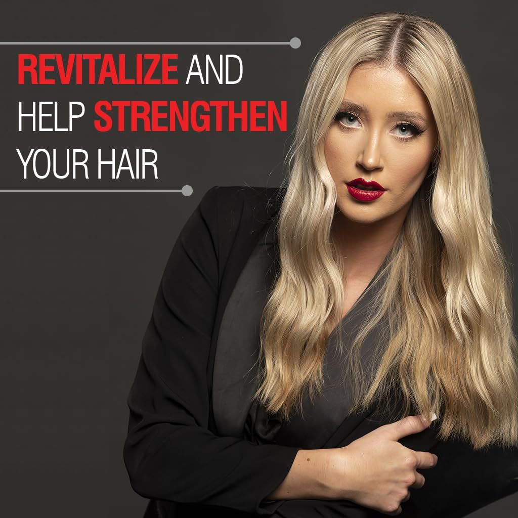 Frau mit langen, blonden Haaren, Text: Revitalize and Help Strengthen Your Hair.