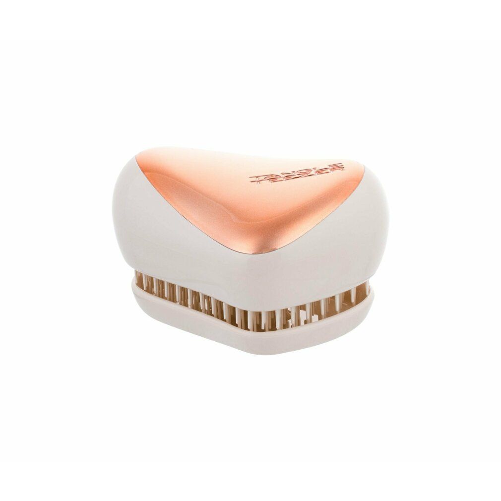 Kompakte Tangle Teezer Haarbürste, Roségold-Finish, weiße Basis, weiße Borsten.