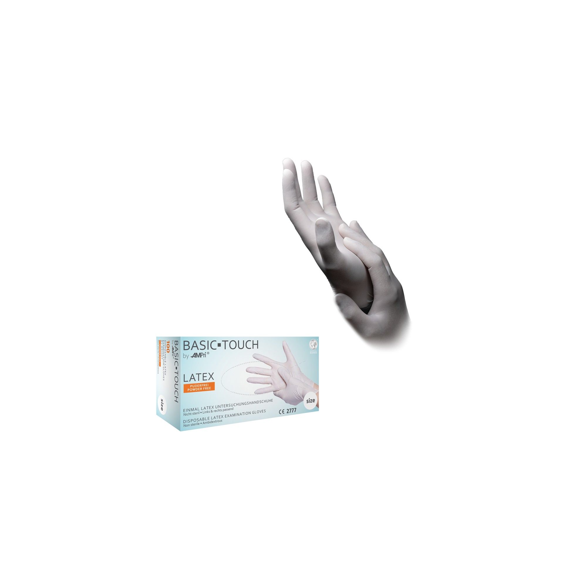 Verpackung und ein Paar puderfreie Latex-Einweghandschuhe.