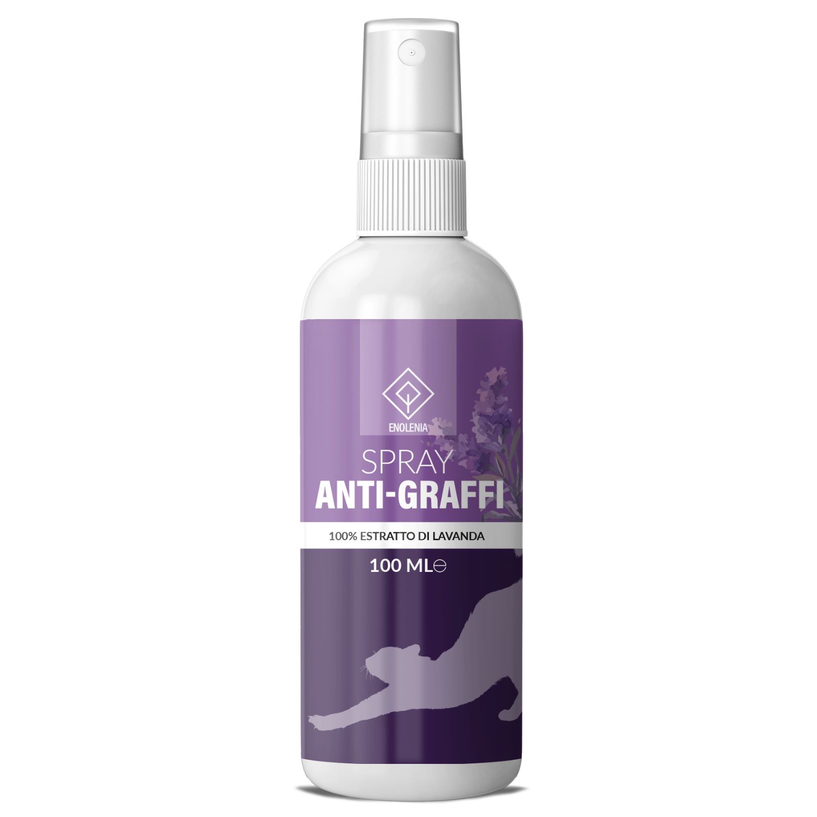 Flacone spray bianco con etichetta viola. Testo: SPRAY ANTI-GRAFFI, 100% estratto di lavanda, 100 ml. Silhouette di gatto.