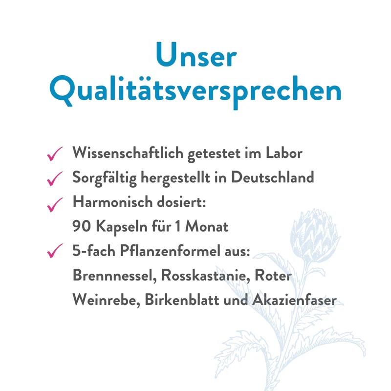 Text: Unser Qualitätsversprechen. Wissenschaftlich getestet, hergestellt in Deutschland, harmonisch dosiert, 5-fach Pflanzenformel.