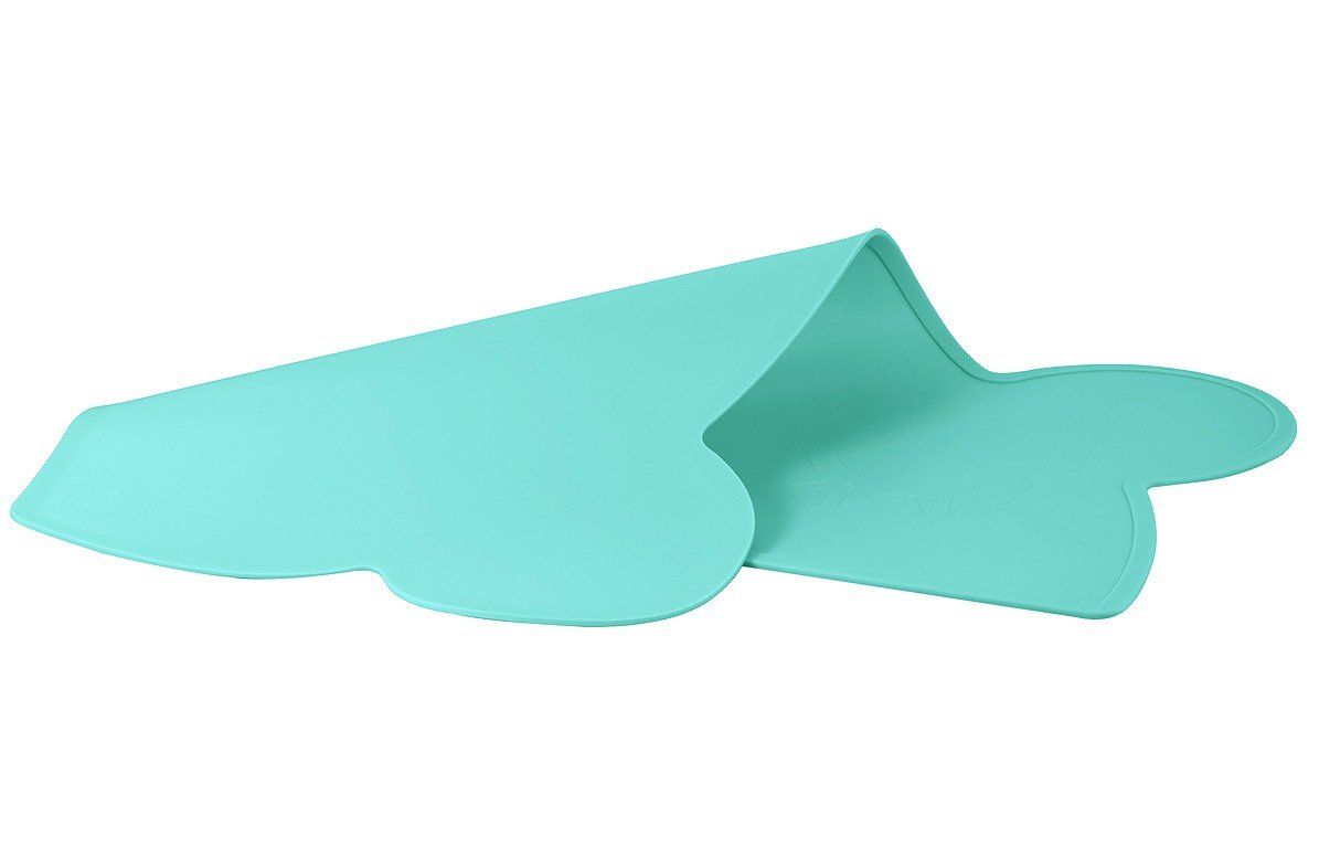 Platzdeckchen in Bärenform, mintgrün. Aufgeklappt, zeigt die Rückseite.