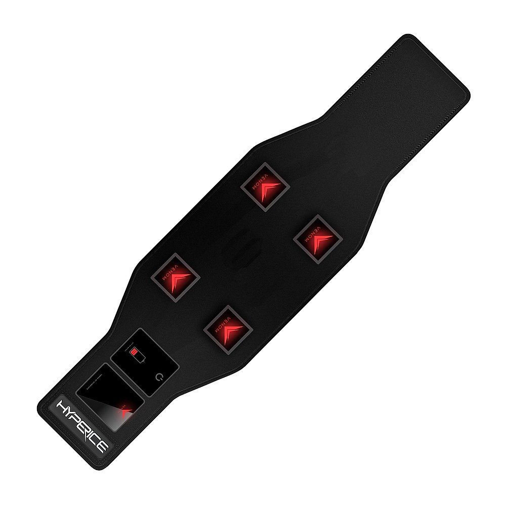 Schwarzer Hyperice Venom Massagegurt. Mit roten Heizflächen und Hyperice-Logo. Akku-Anzeige.