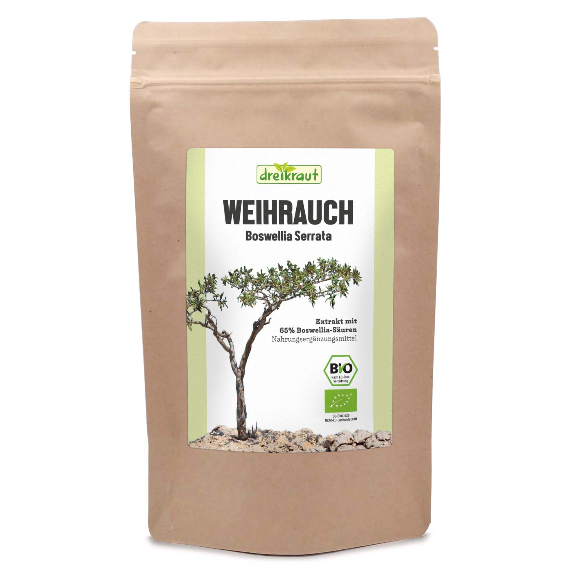 Beutel mit dreikraut® Weihrauchextrakt-Pulver. Aufdruck: WEIHRAUCH Boswellia Serrata, Bio-Siegel, Baum-Illustration.