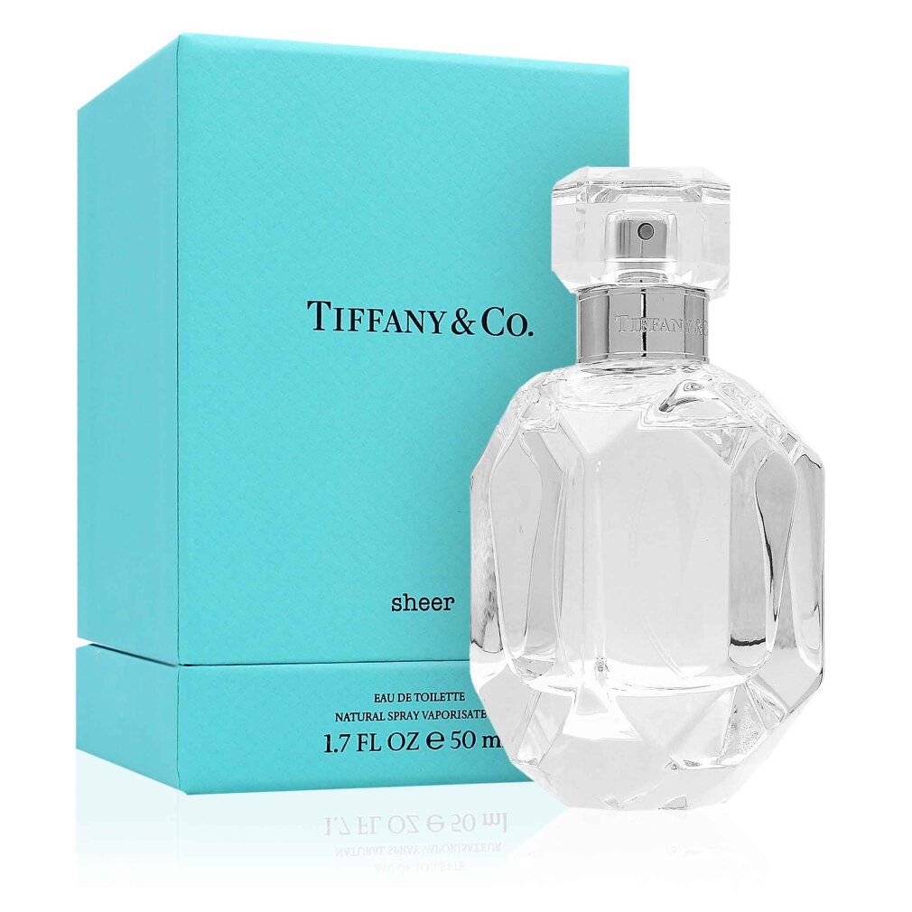 Türkisfarbene Schachtel und transparente Parfumflasche. Auf der Schachtel steht "Tiffany & Co.". Auf der Flasche steht "Sheer".