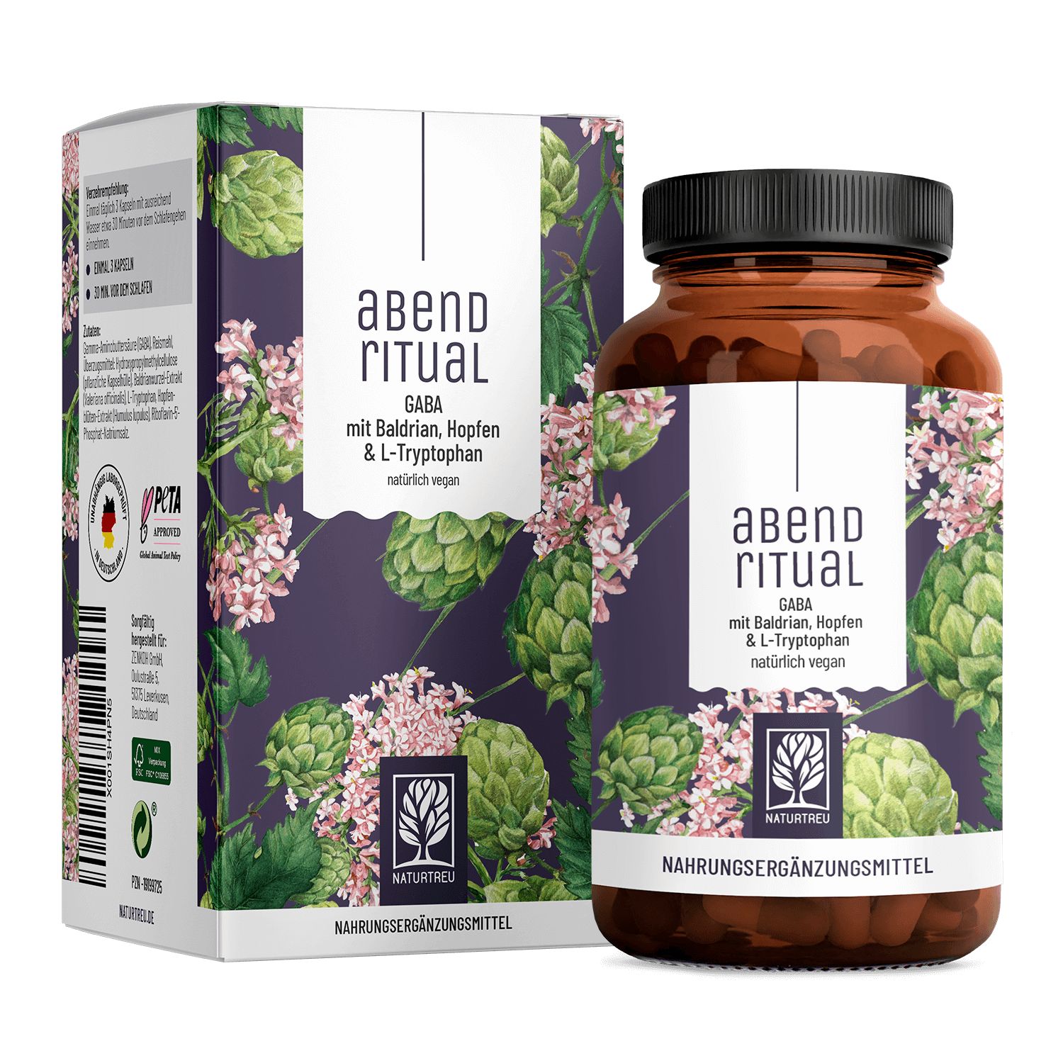 Braune Glasflasche und Schachtel mit Produktaufdruck. Aufschrift: Abendritual GABA mit Baldrian, Hopfen & L-Tryptophan. NATURTREU® Logo.